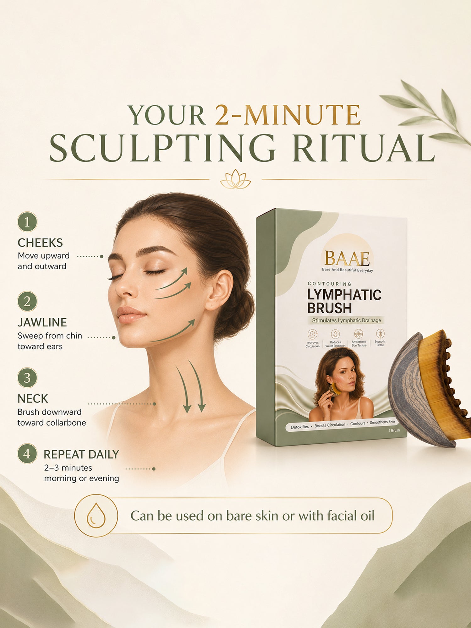 BAAE Lymphatic Face Contour Brush | Manual Facial Drainage & Sculpting Tool | Reduces Puffiness & Defines Jawline