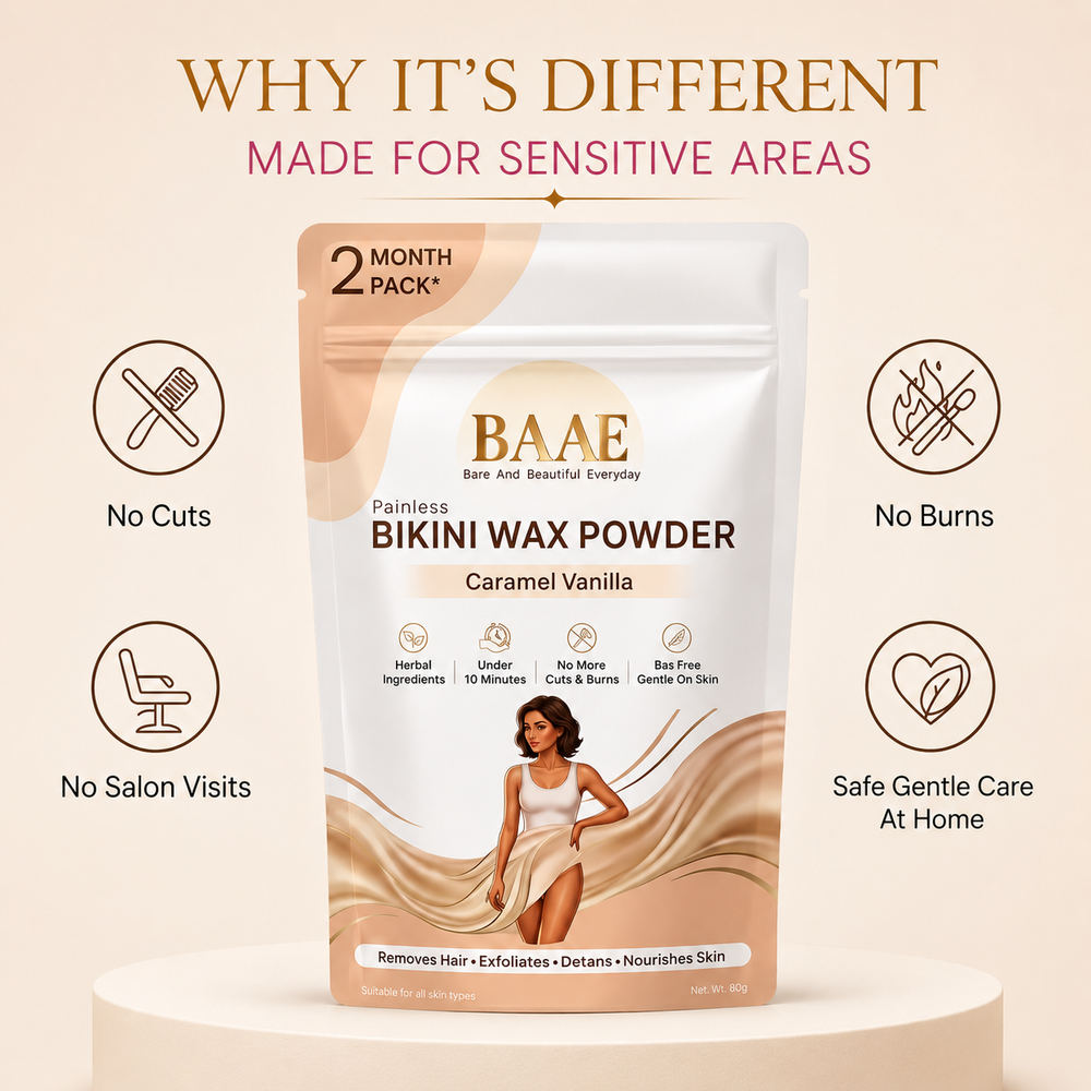 BAAE BaS-Free Bikini Wax Powder - Painless & Gentle Hair Removal for Intimate Areas | Papaya Enzyme | Caramel Vanilla | 60g