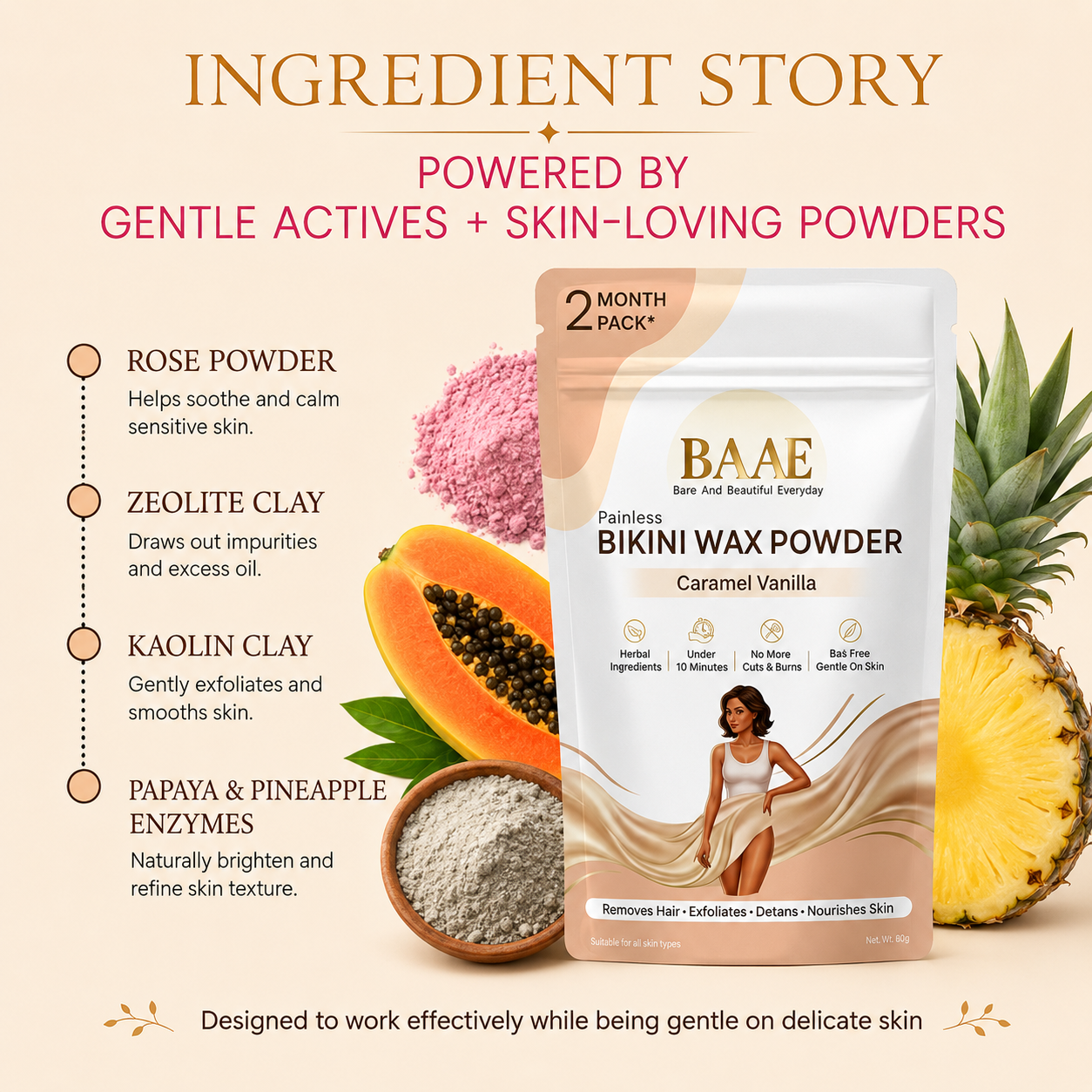 BAAE BaS-Free Bikini Wax Powder - Painless & Gentle Hair Removal for Intimate Areas | Papaya Enzyme | Caramel Vanilla | 60g