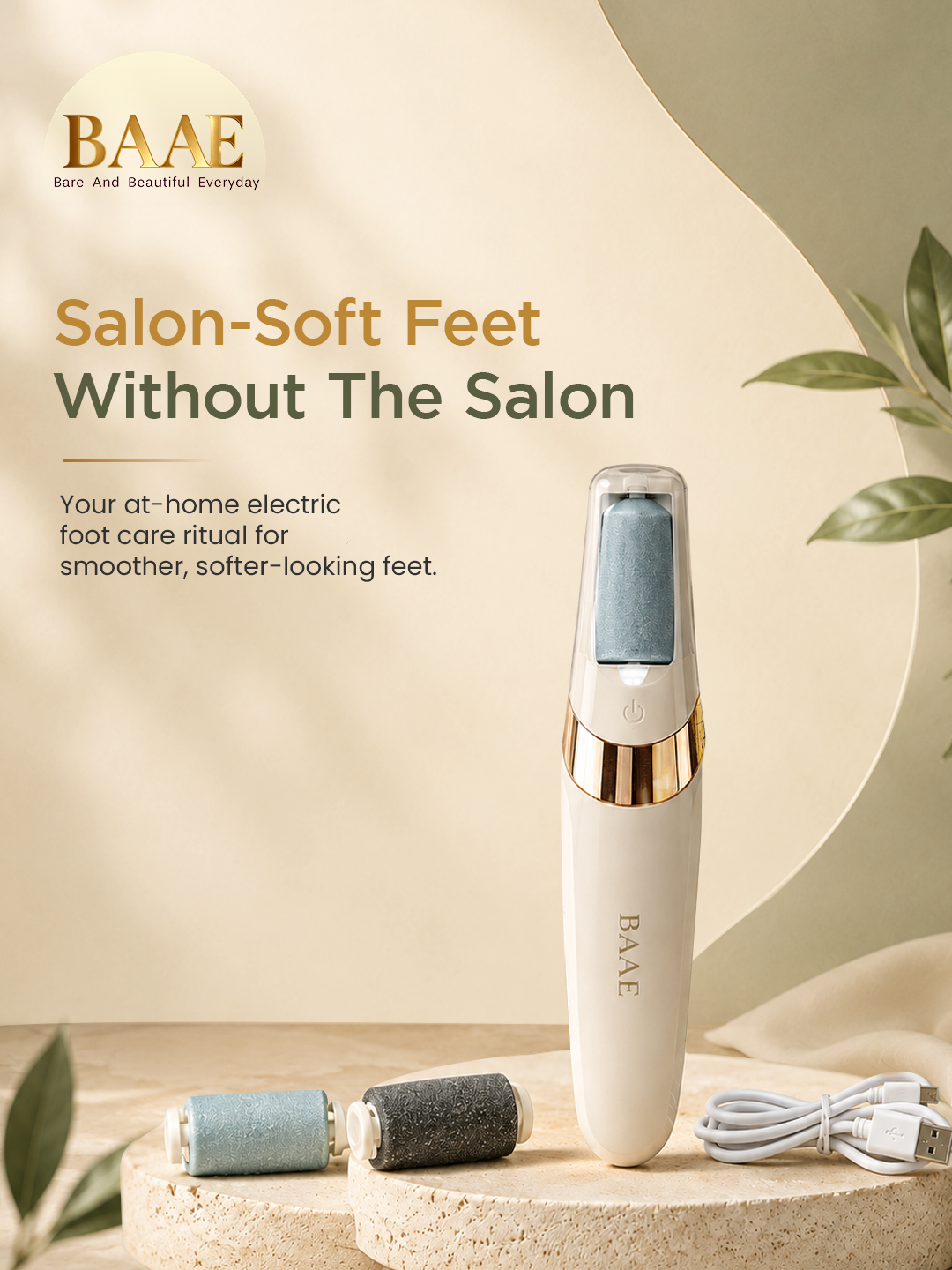 BAAE Wellness electric foot callus remover machine, rechargeable callus remover for feet with 2 replaceable heads