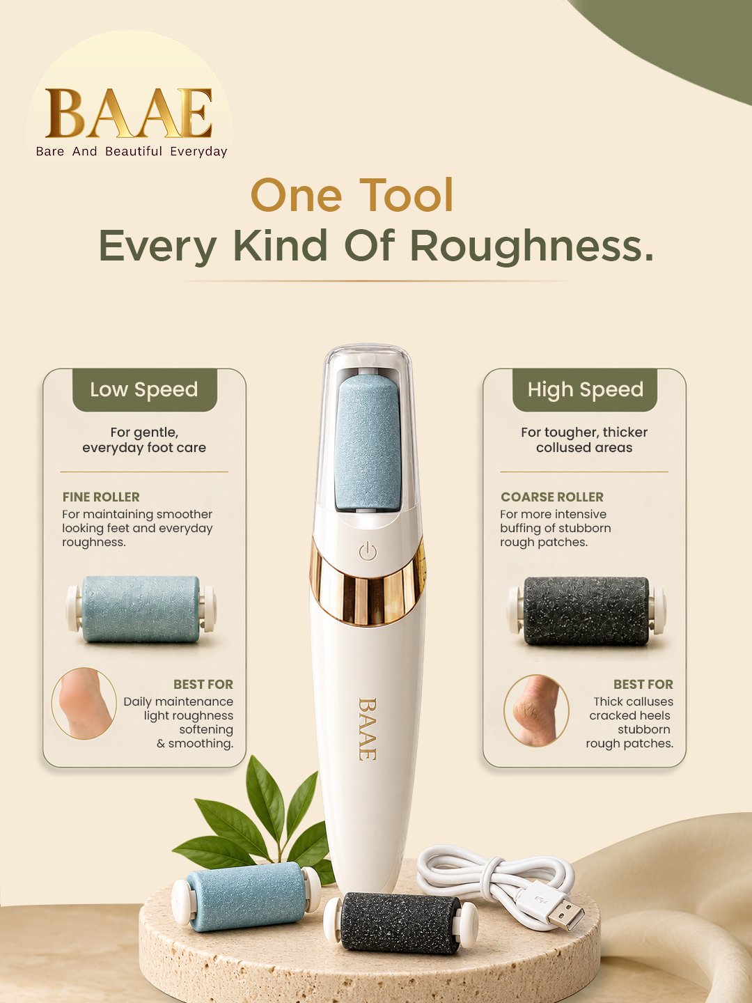 Electric callus remover with 2 speed modes: low speed for gentle daily foot care, high speed for thick calluses