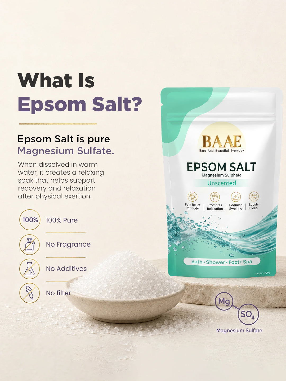 Fragrance free bath salt for sensitive skin, a gentle unscented epsom salt for everyday soaks