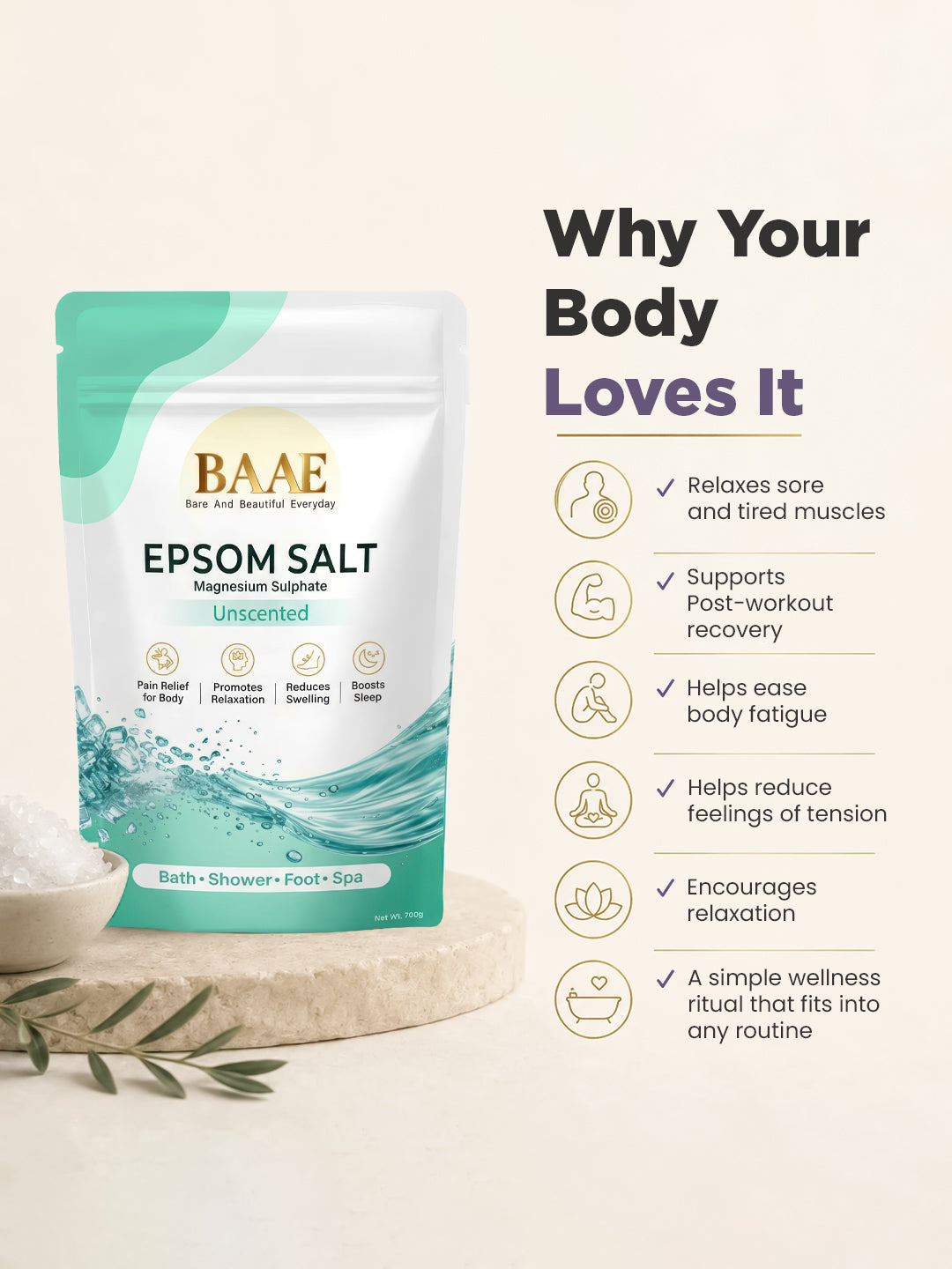 Unscented epsom salt bath to soothe sore muscles and ease stiffness after workouts