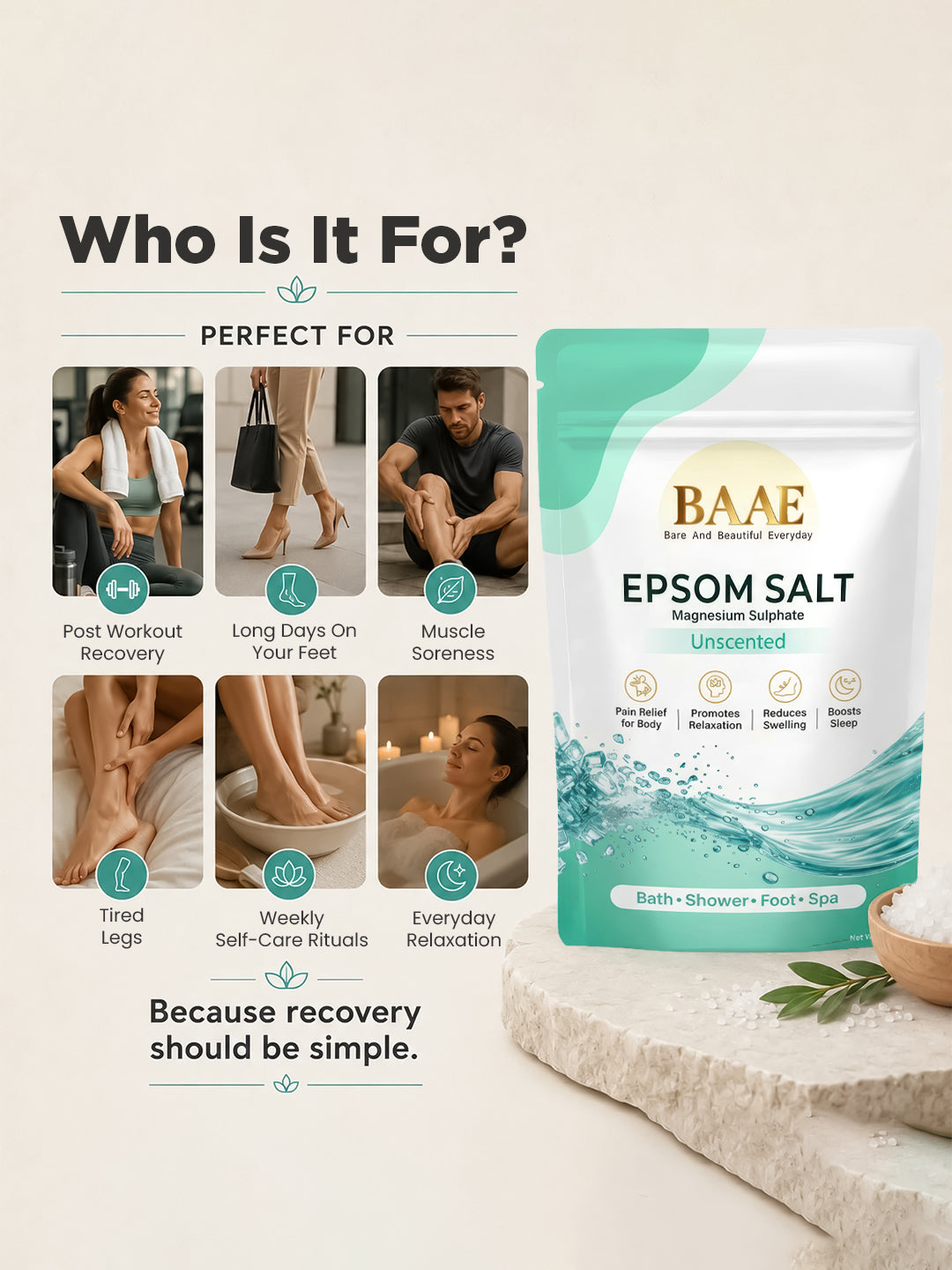 Unscented epsom salt for feet: a foot soak for tired feet that softens rough skin before a pedicure
