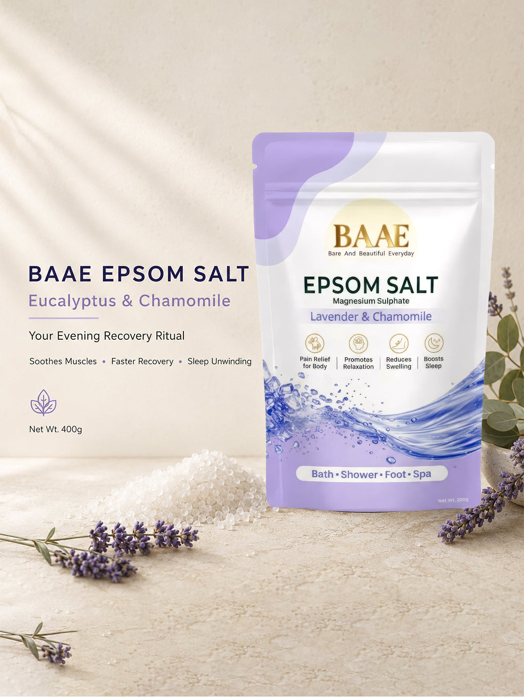 Fine fast-dissolving epsom salt crystals, pure magnesium sulphate for a relaxing epsom salt bath at home