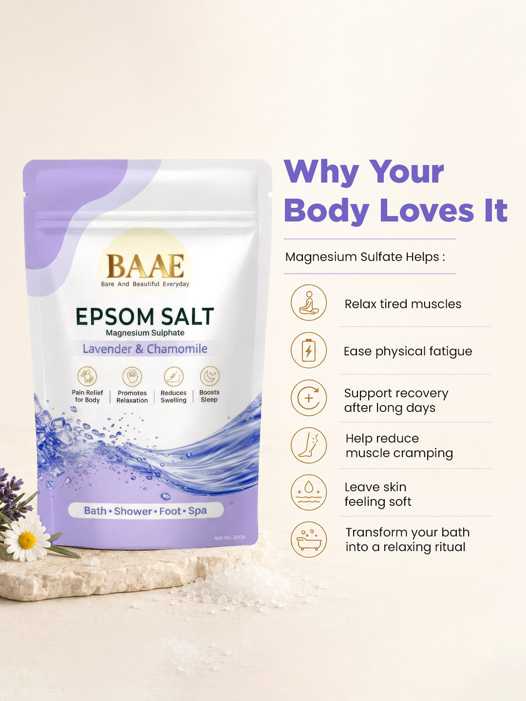 Epsom salt infused with lavender essential oil, a calming aromatherapy bath salt for relaxation