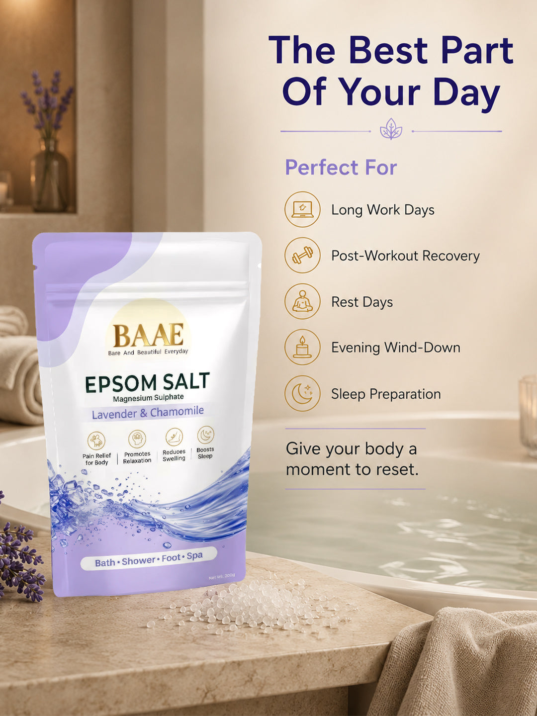 Versatile epsom salt for full-body soaks, foot baths and DIY scrubs, an everyday home spa wellness essential