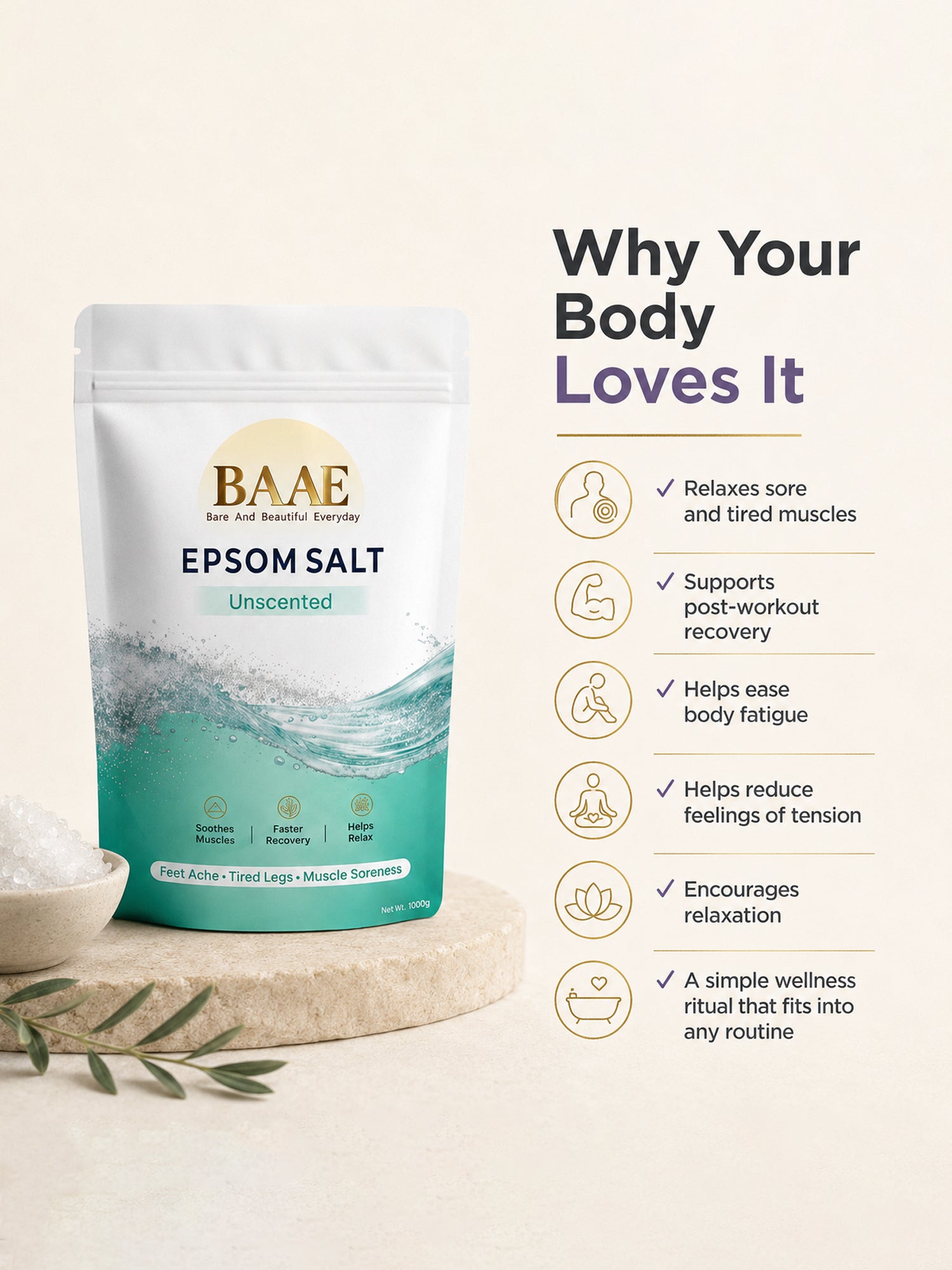 BAAE Pure Epsom Salt - 100% Magnesium Sulfate | Muscle Soak & Relaxation Bath Salt | 1kg