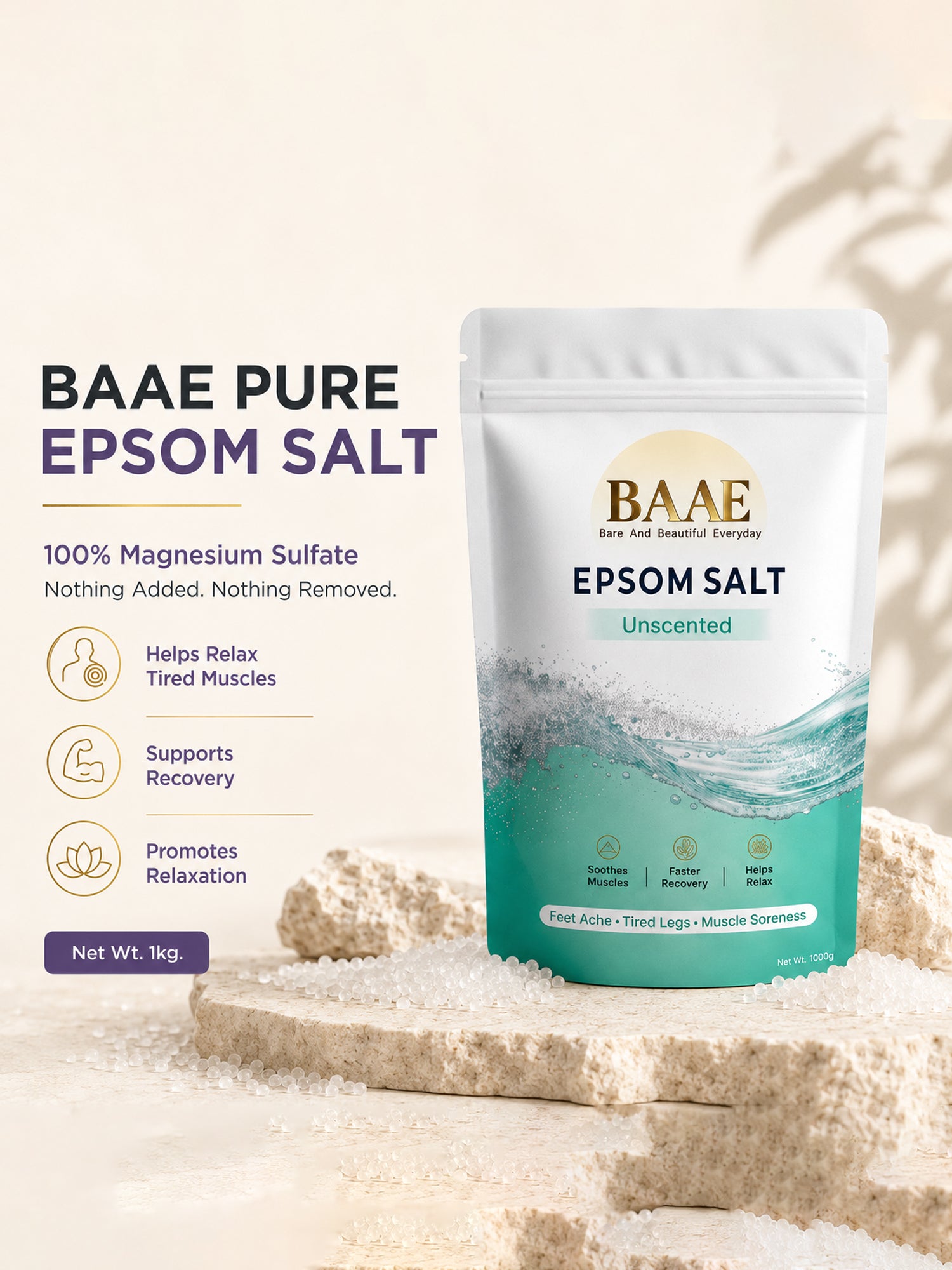 BAAE Pure Epsom Salt - 100% Magnesium Sulfate | Muscle Soak & Relaxation Bath Salt | 1kg