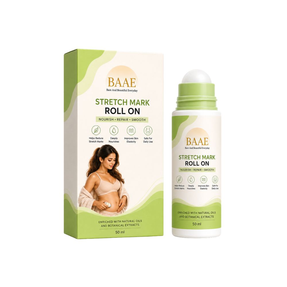 BAAE Stretch Mark Roll-On | Hyaluronic Acid + Centella Asiatica + Rosehip Oil | Helps Reduce Appearance of Stretch Marks | Mess-Free Targeted Application, 50ml