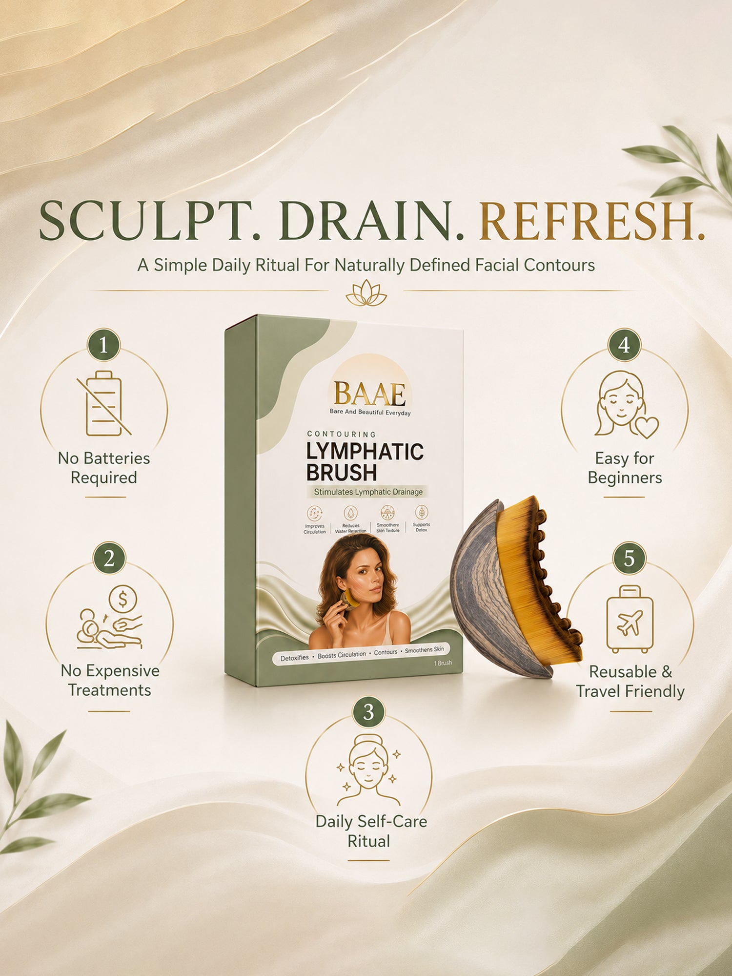BAAE Lymphatic Face Contour Brush | Manual Facial Drainage & Sculpting Tool | Reduces Puffiness & Defines Jawline