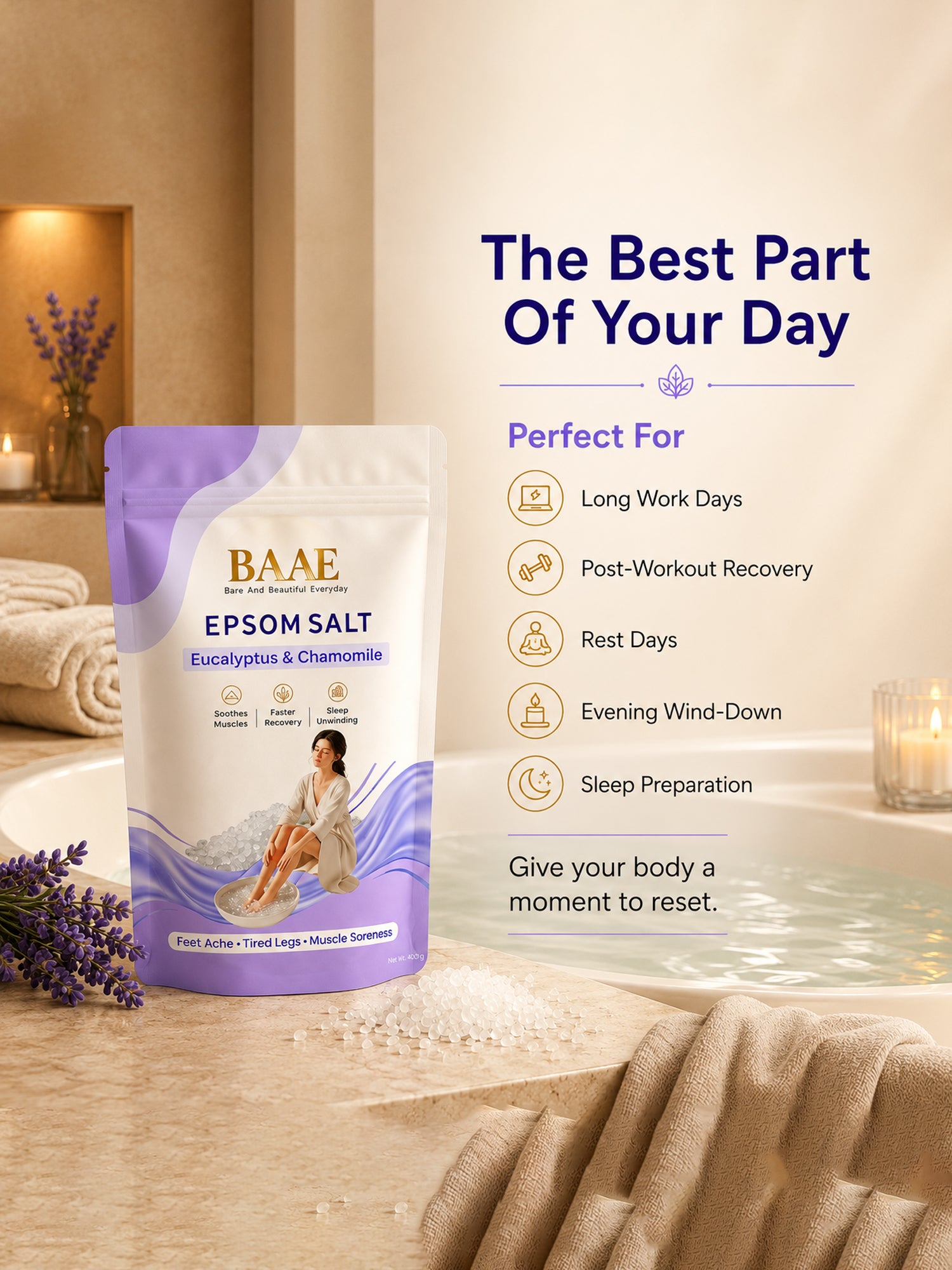 BAAE Lavender & Chamomile Epsom Salt | Relaxing Bath Soak for Muscle Relief & Calm | 400g