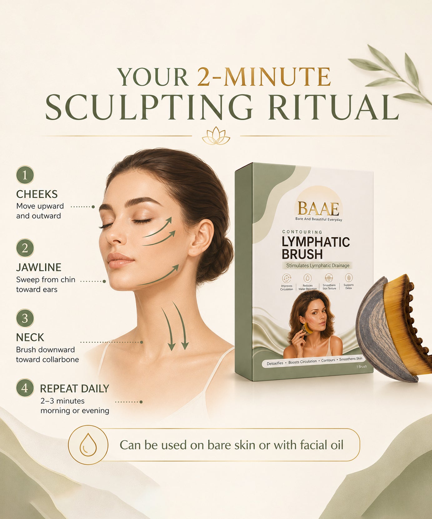 BAAE Lymphatic Face Contour Brush | Manual Facial Drainage & Sculpting Tool | Reduces Puffiness & Defines Jawline