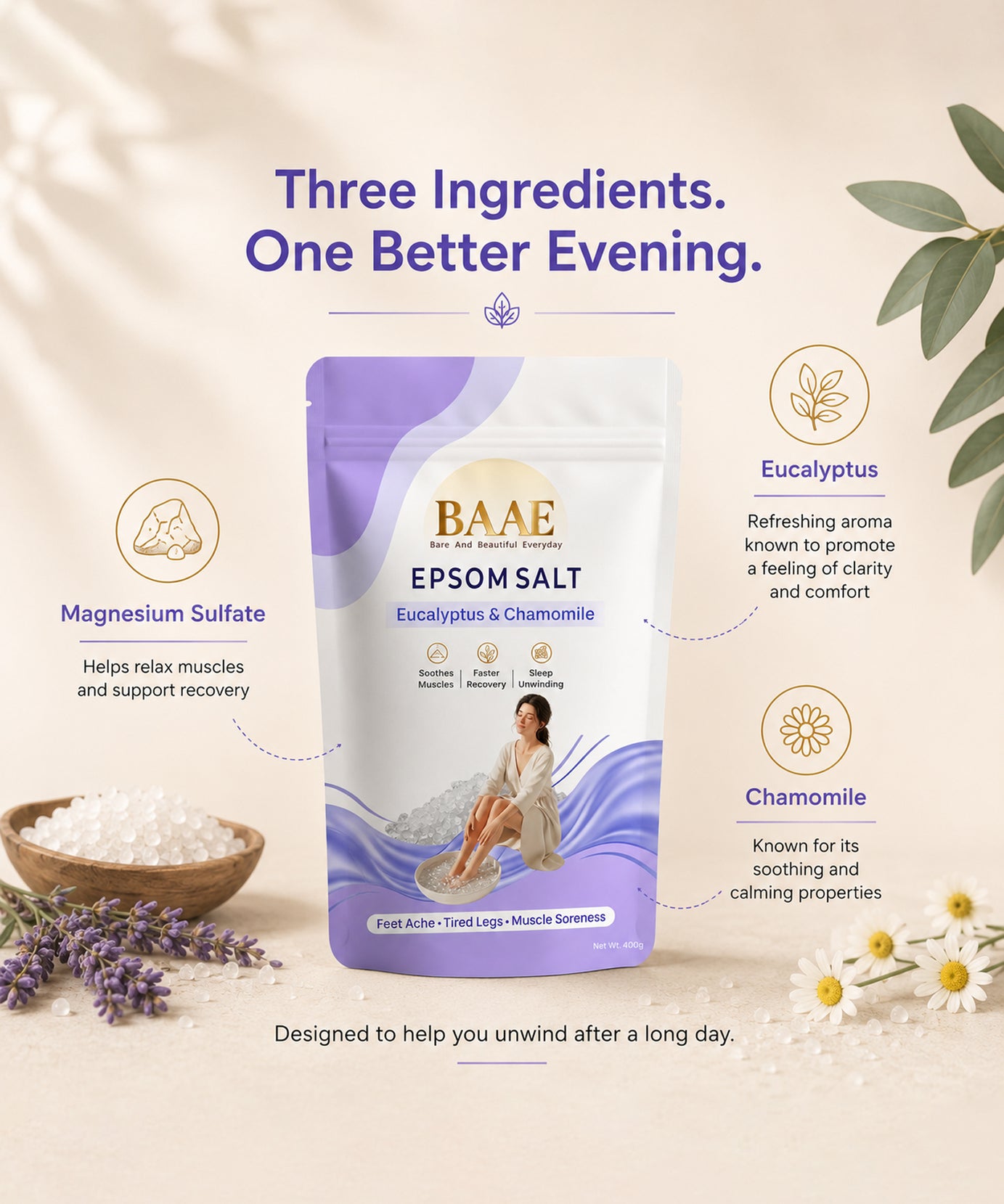 BAAE Lavender & Chamomile Epsom Salt | Relaxing Bath Soak for Muscle Relief & Calm | 400g