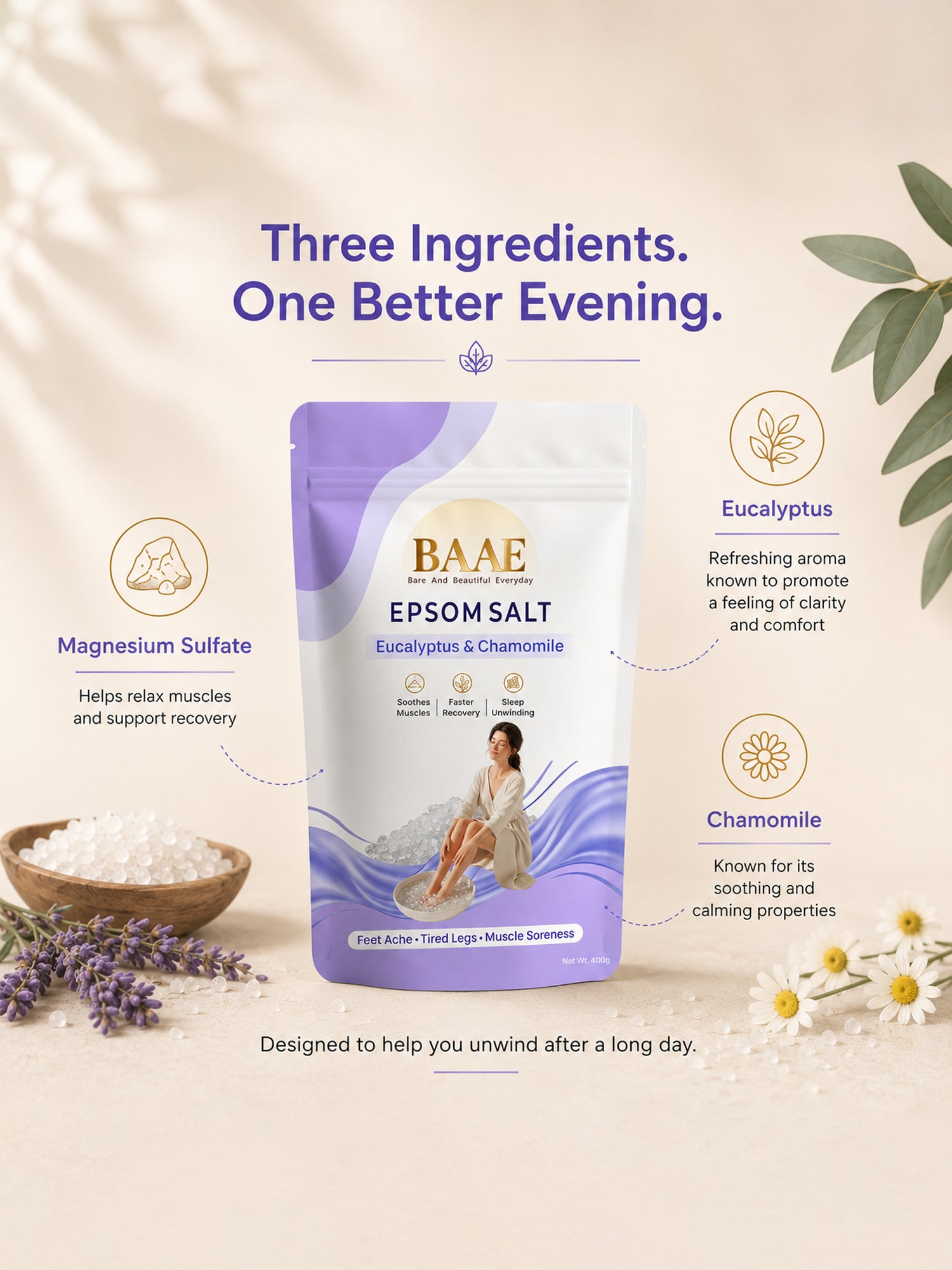 BAAE Lavender & Chamomile Epsom Salt | Relaxing Bath Soak for Muscle Relief & Calm | 400g
