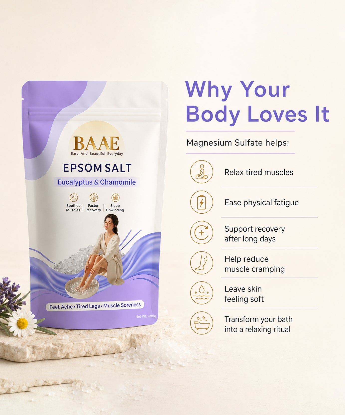 BAAE Lavender & Chamomile Epsom Salt | Relaxing Bath Soak for Muscle Relief & Calm | 400g