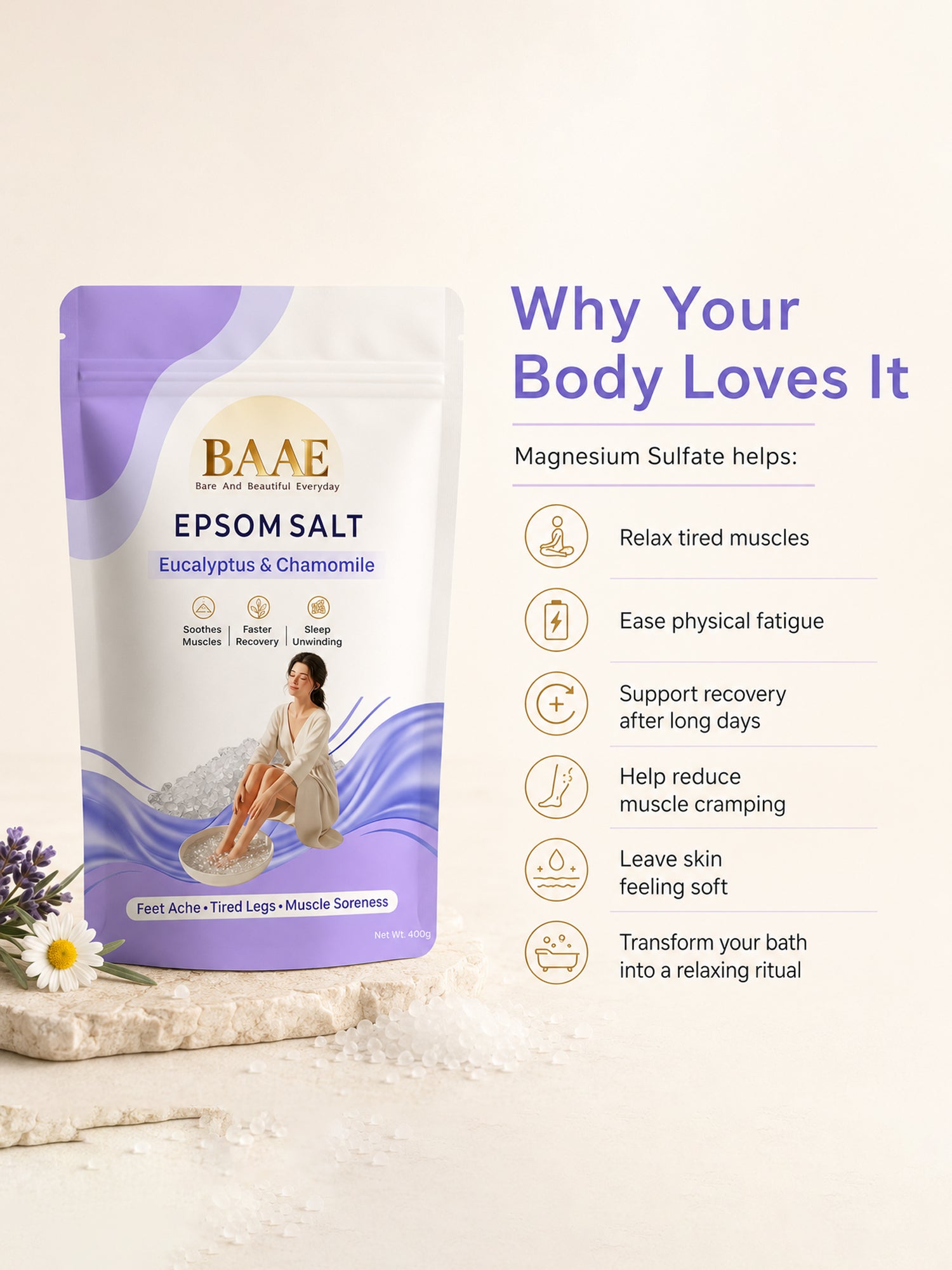 BAAE Lavender & Chamomile Epsom Salt | Relaxing Bath Soak for Muscle Relief & Calm | 400g