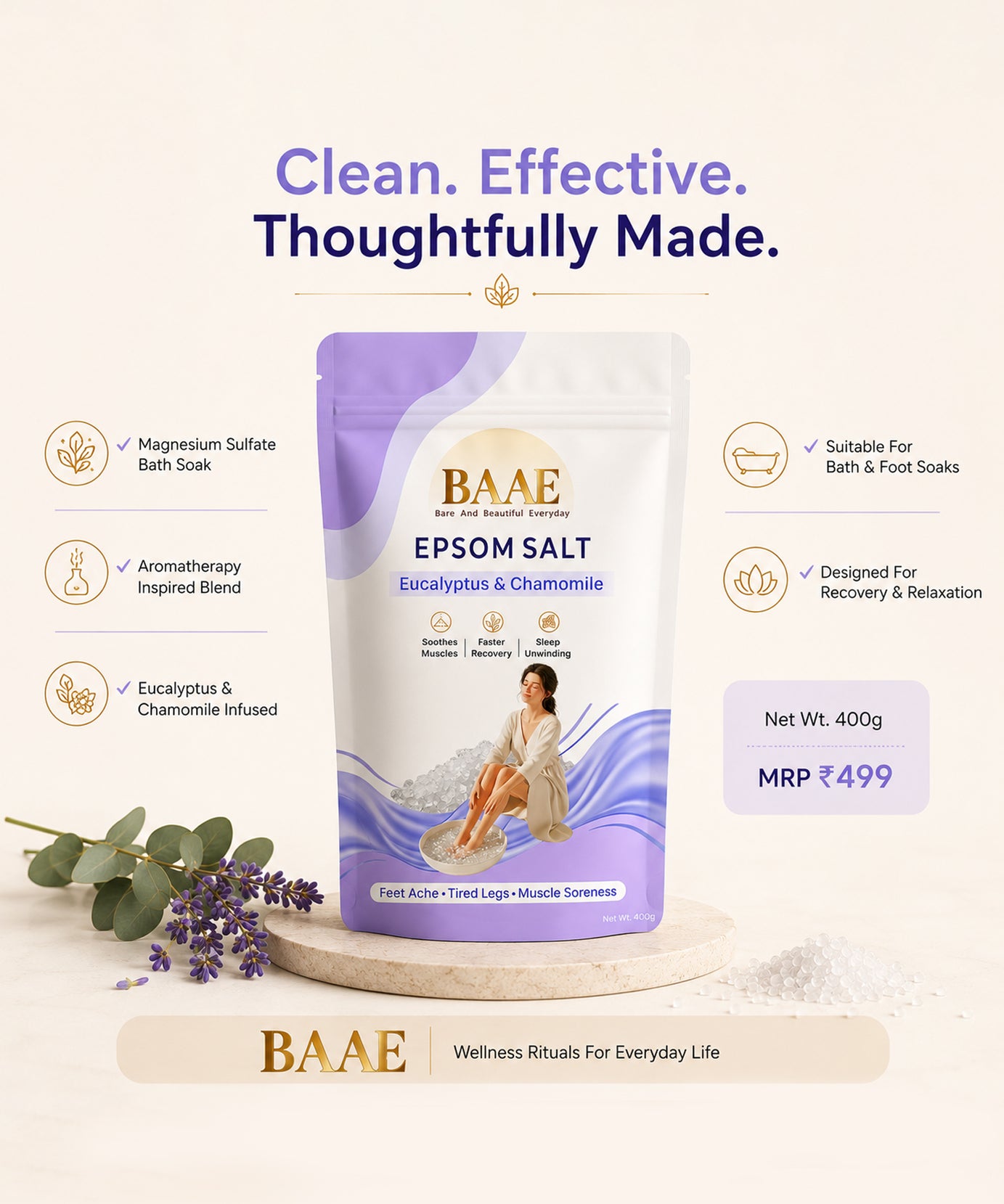 BAAE Lavender & Chamomile Epsom Salt | Relaxing Bath Soak for Muscle Relief & Calm | 400g