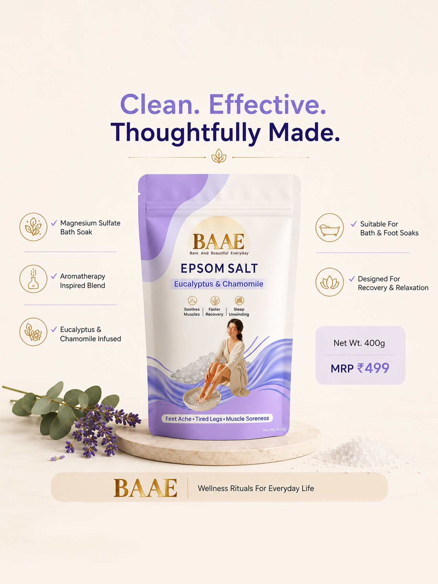 BAAE Lavender & Chamomile Epsom Salt | Relaxing Bath Soak for Muscle Relief & Calm | 400g