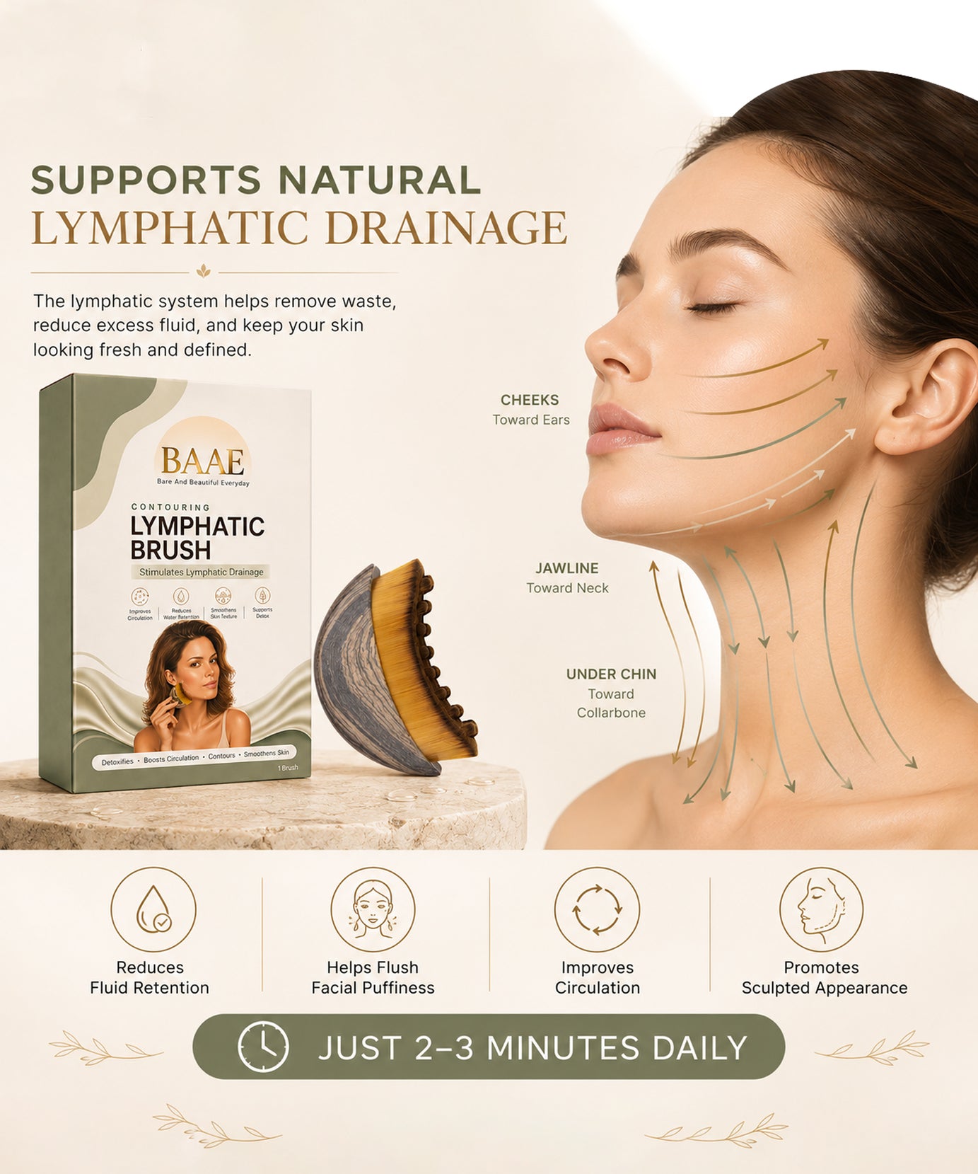 BAAE Lymphatic Face Contour Brush | Manual Facial Drainage & Sculpting Tool | Reduces Puffiness & Defines Jawline