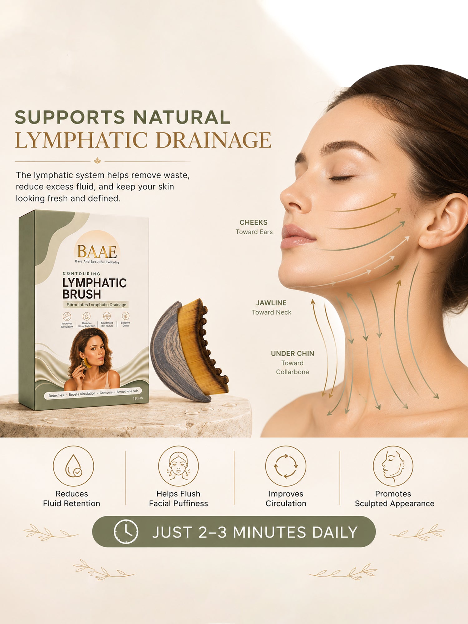 BAAE Lymphatic Face Contour Brush | Manual Facial Drainage & Sculpting Tool | Reduces Puffiness & Defines Jawline