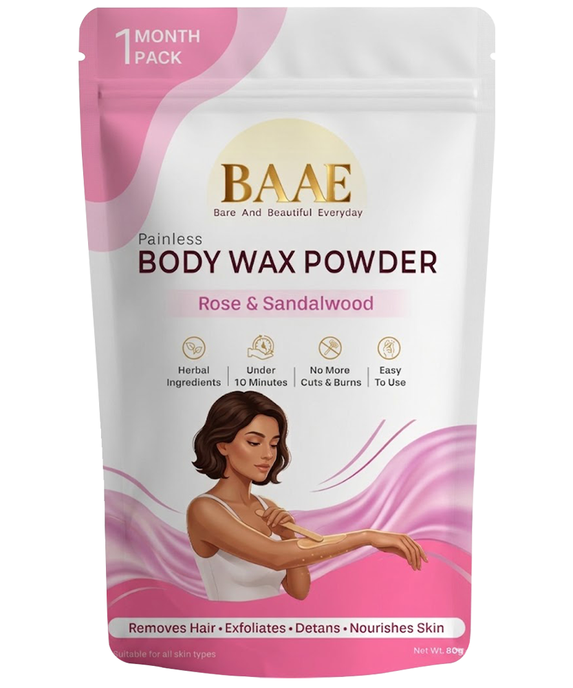 BAAE Body Wax Powder - Painless Hair Removal, Exfoliation & Tan Reduction | Rose & Sandalwood | 80g