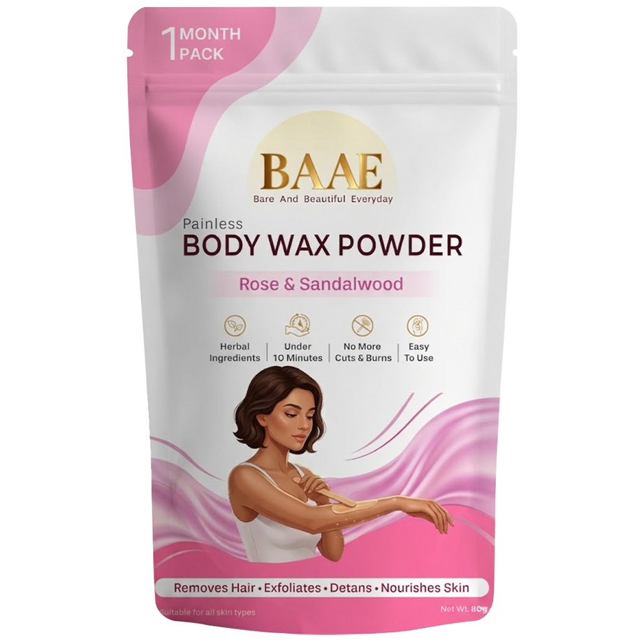 BAAE Body Wax Powder - Painless Hair Removal, Exfoliation & Tan Reduction | Rose & Sandalwood | 80g