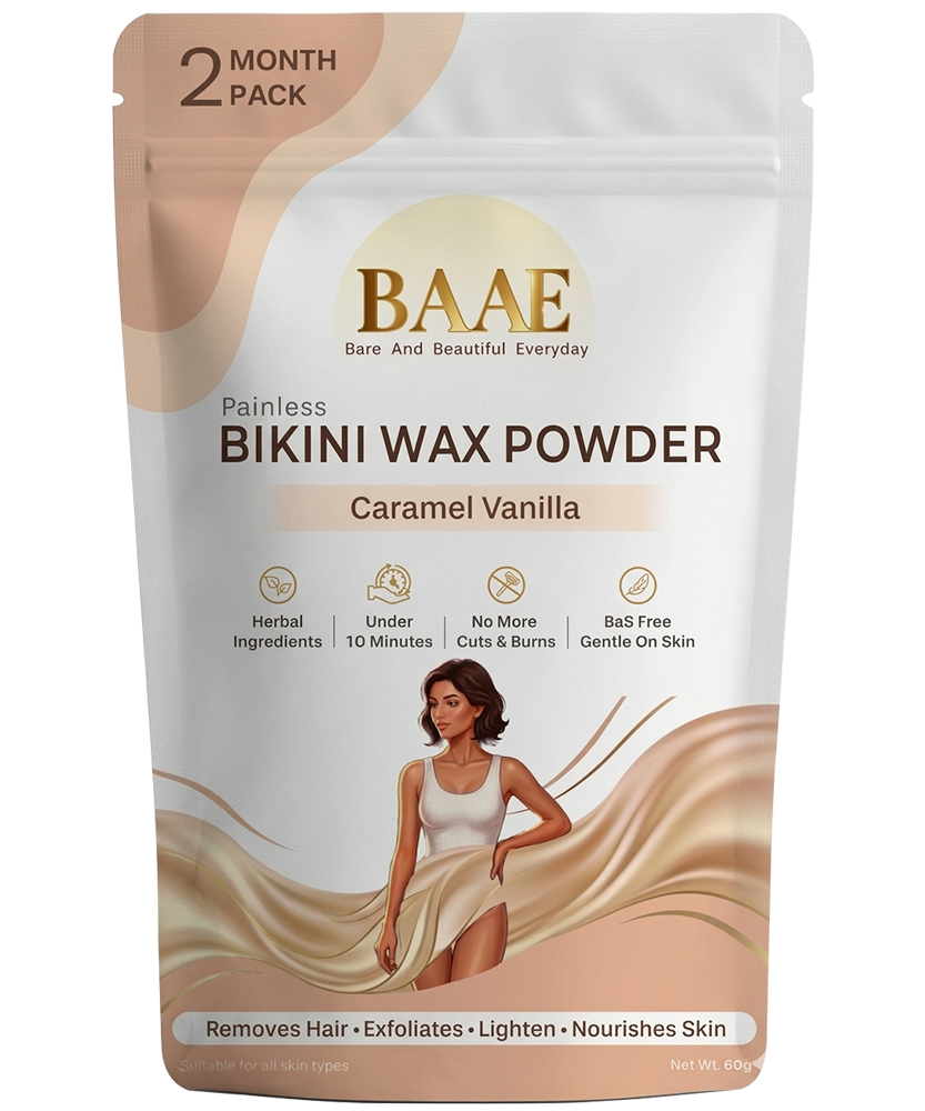 BAAE BaS-Free Bikini Wax Powder - Painless & Gentle Hair Removal for Intimate Areas | Papaya Enzyme | Caramel Vanilla | 60g