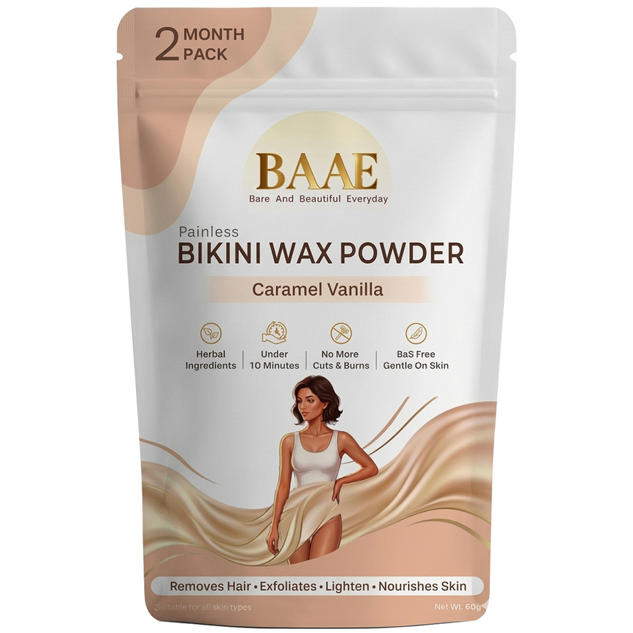 BAAE BaS-Free Bikini Wax Powder - Gentle Hair Removal for Intimate Areas | Papaya Enzyme | Caramel Vanilla | 60g
