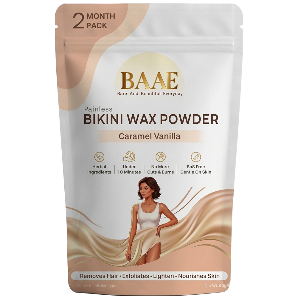 BAAE BaS-Free Bikini Wax Powder - Gentle Hair Removal for Intimate Areas | Papaya Enzyme | Caramel Vanilla | 60g