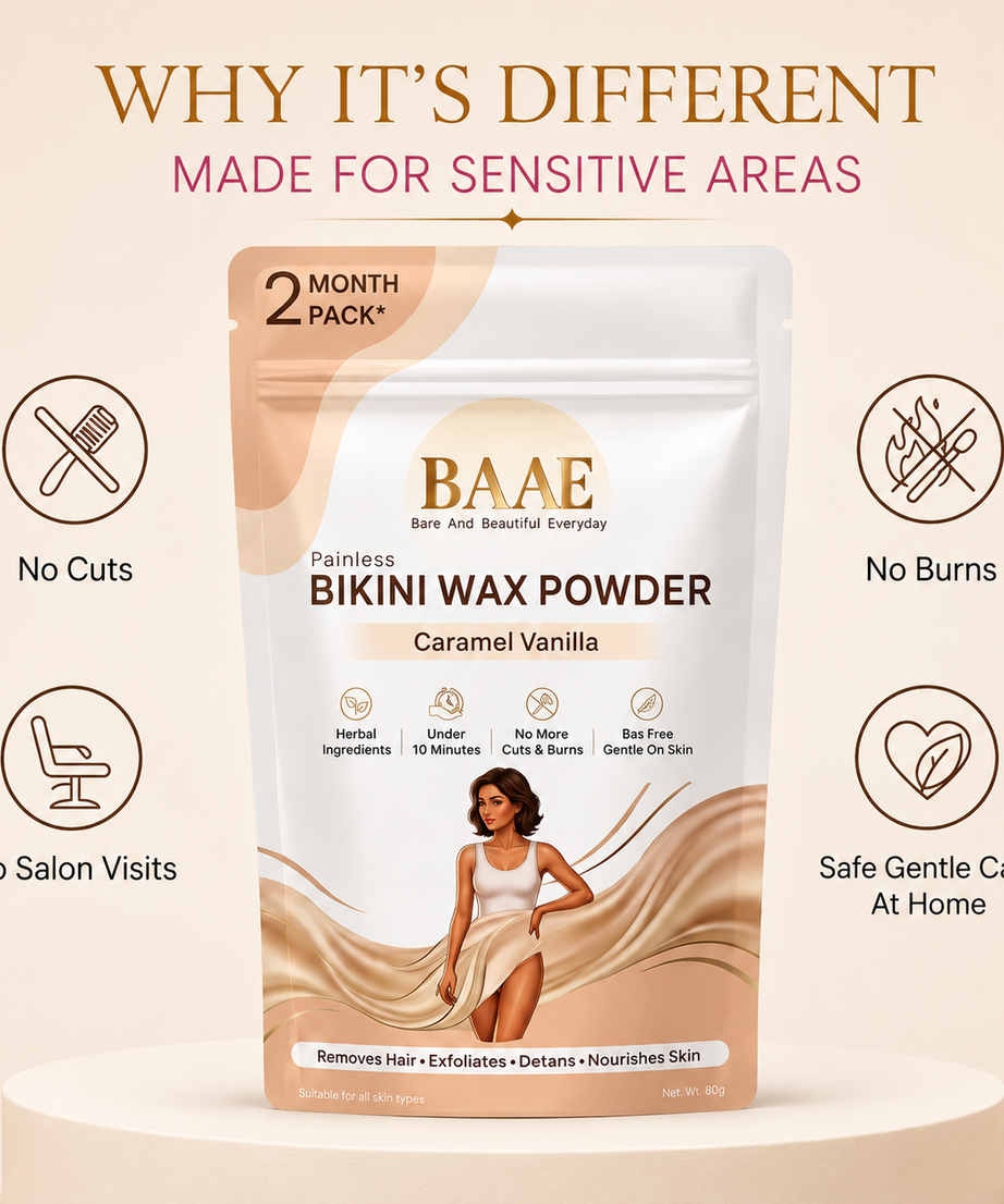 BAAE BaS-Free Bikini Wax Powder - Painless & Gentle Hair Removal for Intimate Areas | Papaya Enzyme | Caramel Vanilla | 60g