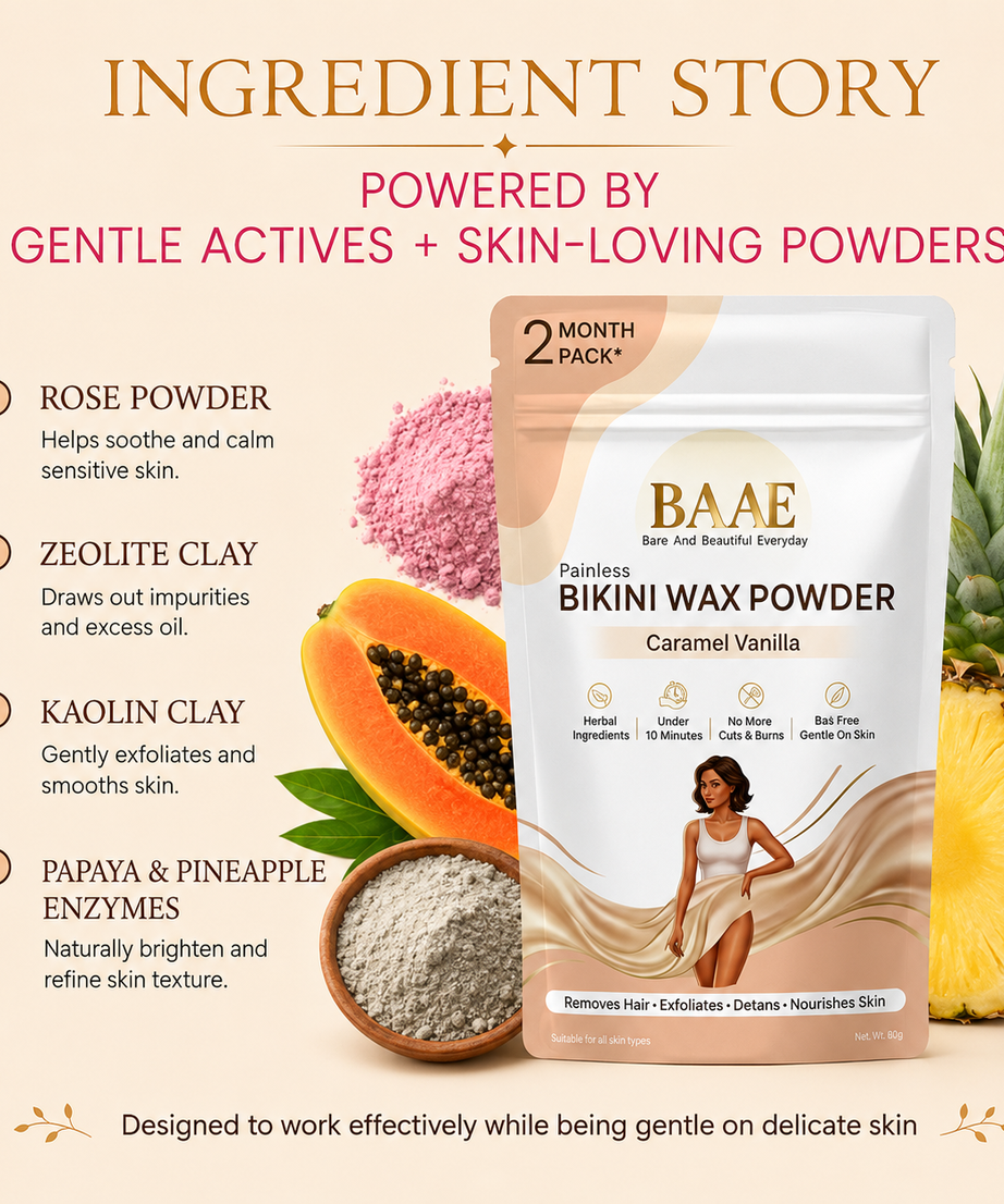 BAAE BaS-Free Bikini Wax Powder - Painless & Gentle Hair Removal for Intimate Areas | Papaya Enzyme | Caramel Vanilla | 60g
