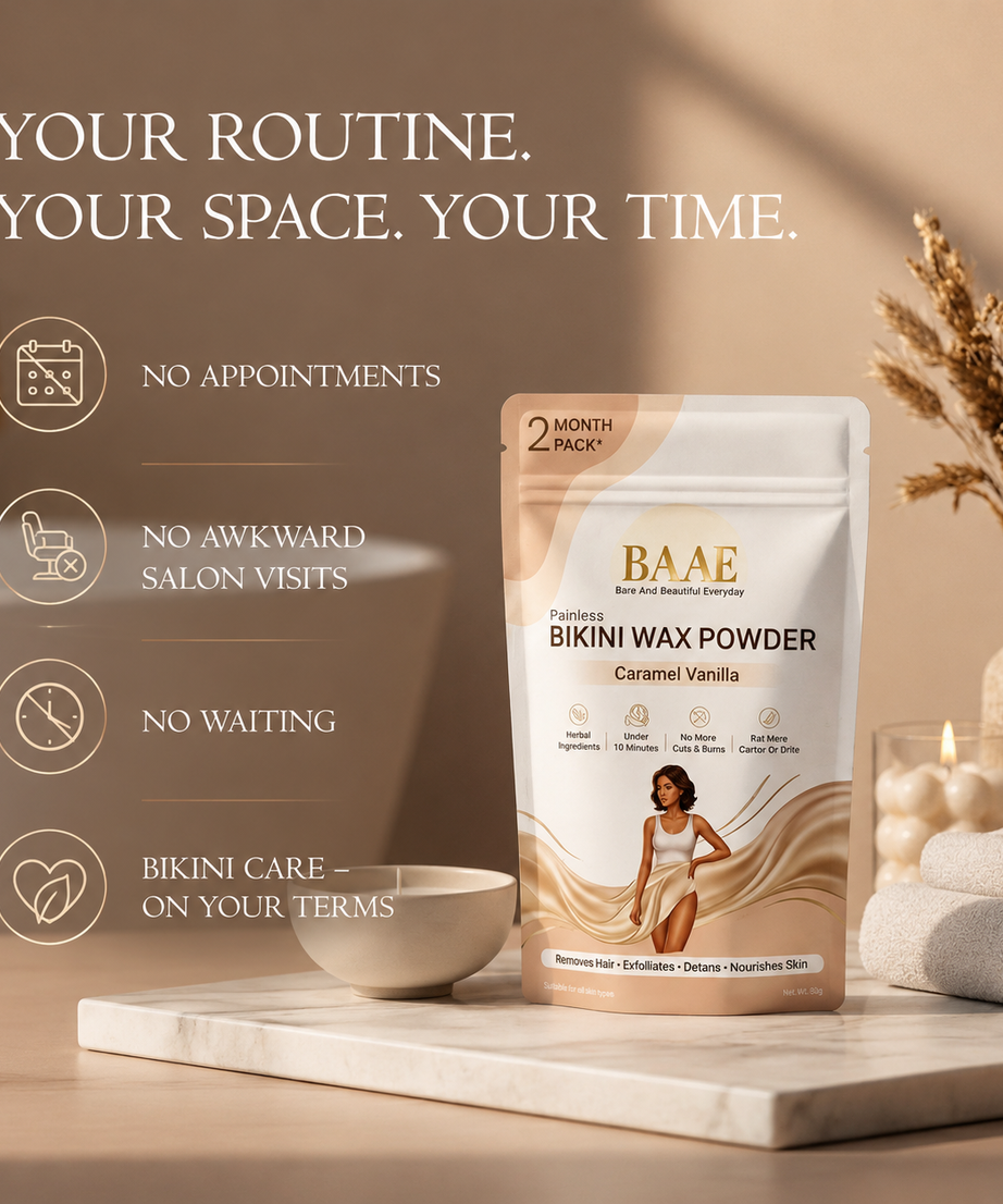 BAAE BaS-Free Bikini Wax Powder - Painless & Gentle Hair Removal for Intimate Areas | Papaya Enzyme | Caramel Vanilla | 60g