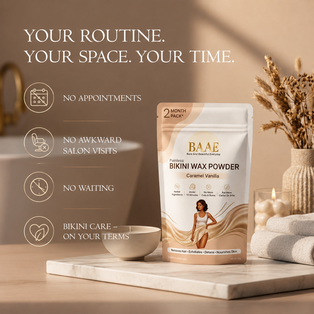 BAAE BaS-Free Bikini Wax Powder - Painless & Gentle Hair Removal for Intimate Areas | Papaya Enzyme | Caramel Vanilla | 60g