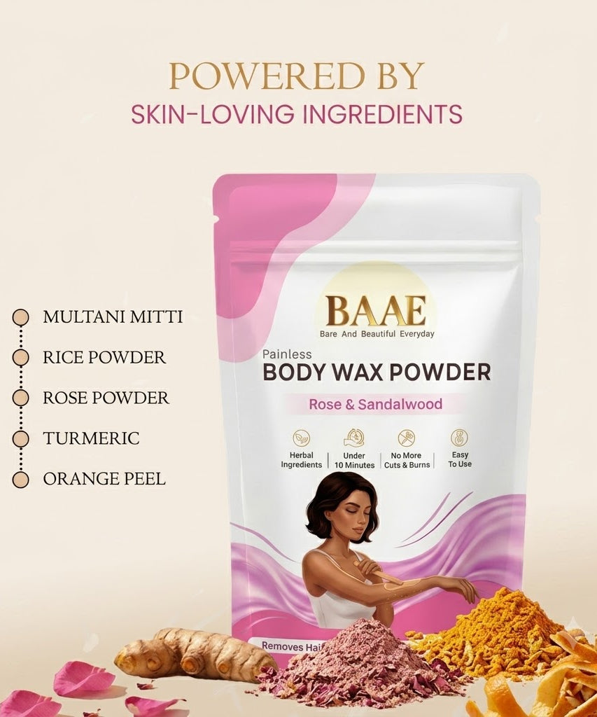BAAE Body Wax Powder - Painless Hair Removal, Exfoliation & Tan Reduction | Rose & Sandalwood | 80g