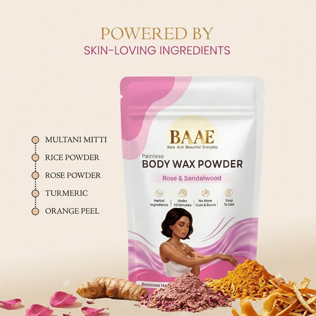 BAAE Body Wax Powder - Painless Hair Removal, Exfoliation & Tan Reduction | Rose & Sandalwood | 80g