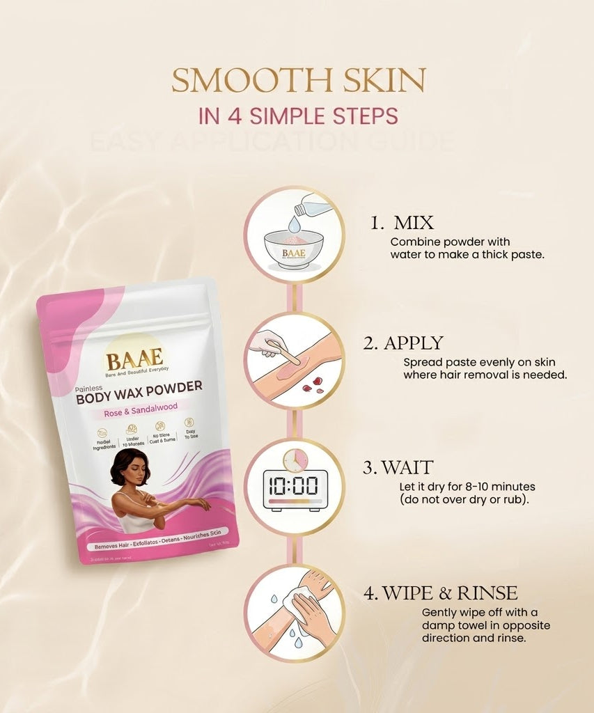 BAAE Body Wax Powder - Painless Hair Removal, Exfoliation & Tan Reduction | Rose & Sandalwood | 80g