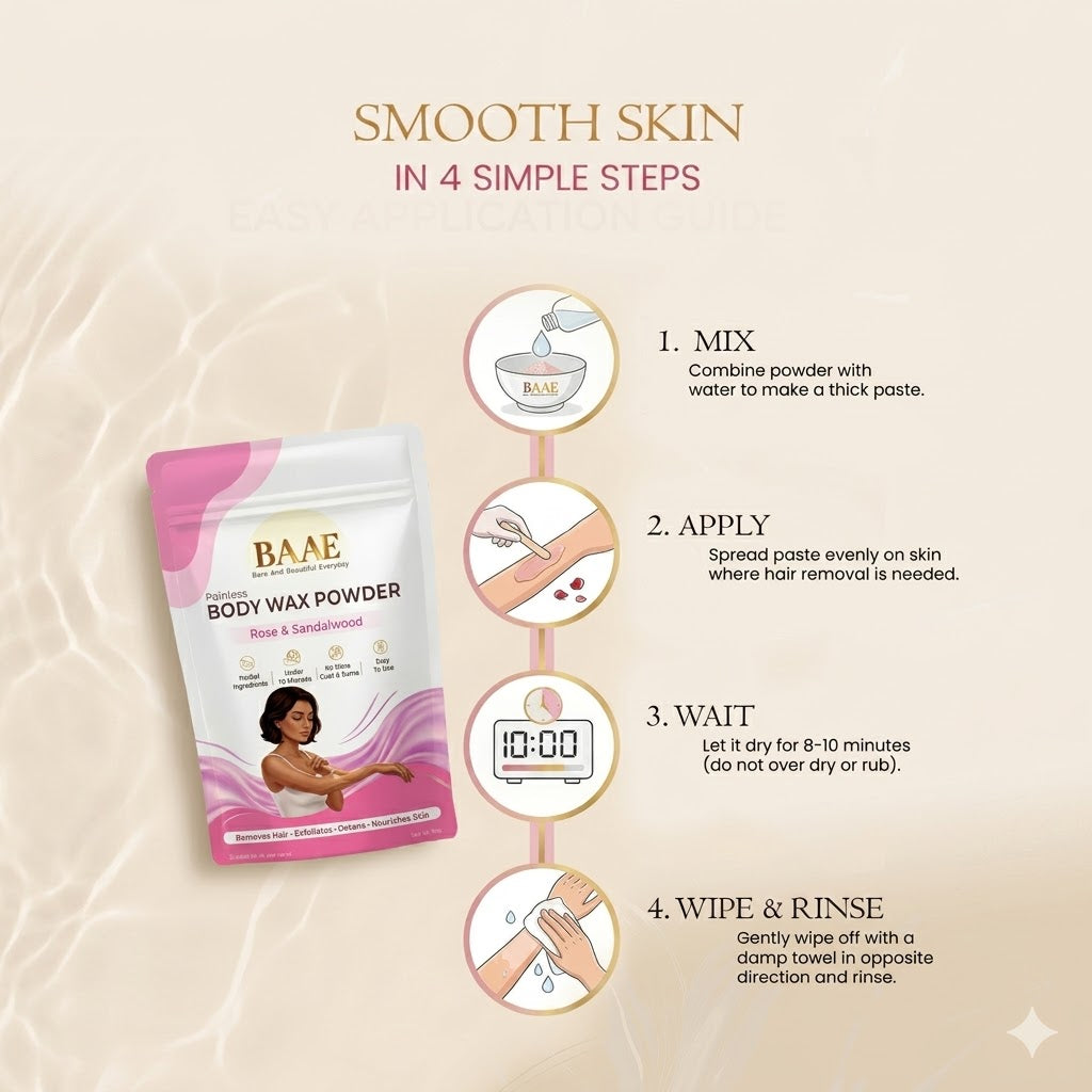 BAAE Body Wax Powder - Painless Hair Removal, Exfoliation & Tan Reduction | Rose & Sandalwood | 80g