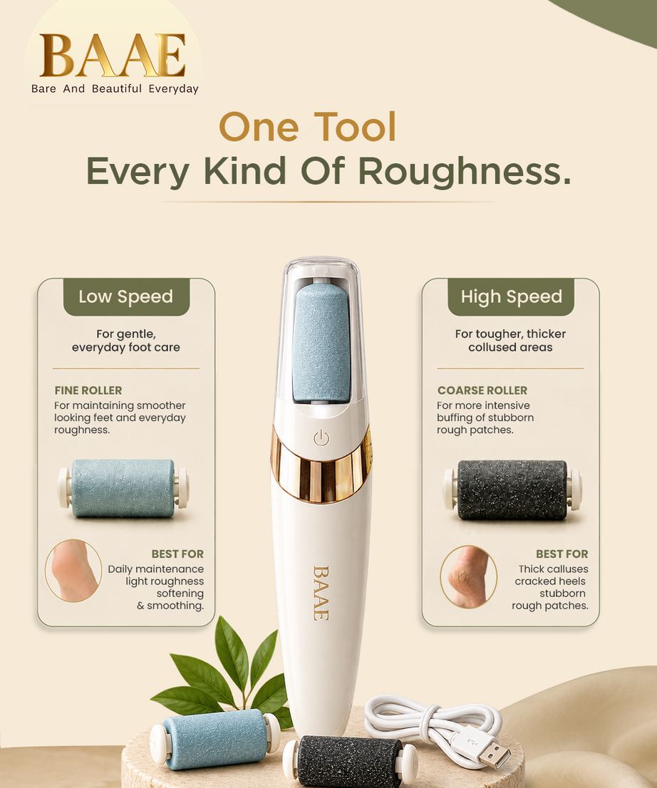 Electric callus remover with 2 speed modes: low speed for gentle daily foot care, high speed for thick calluses