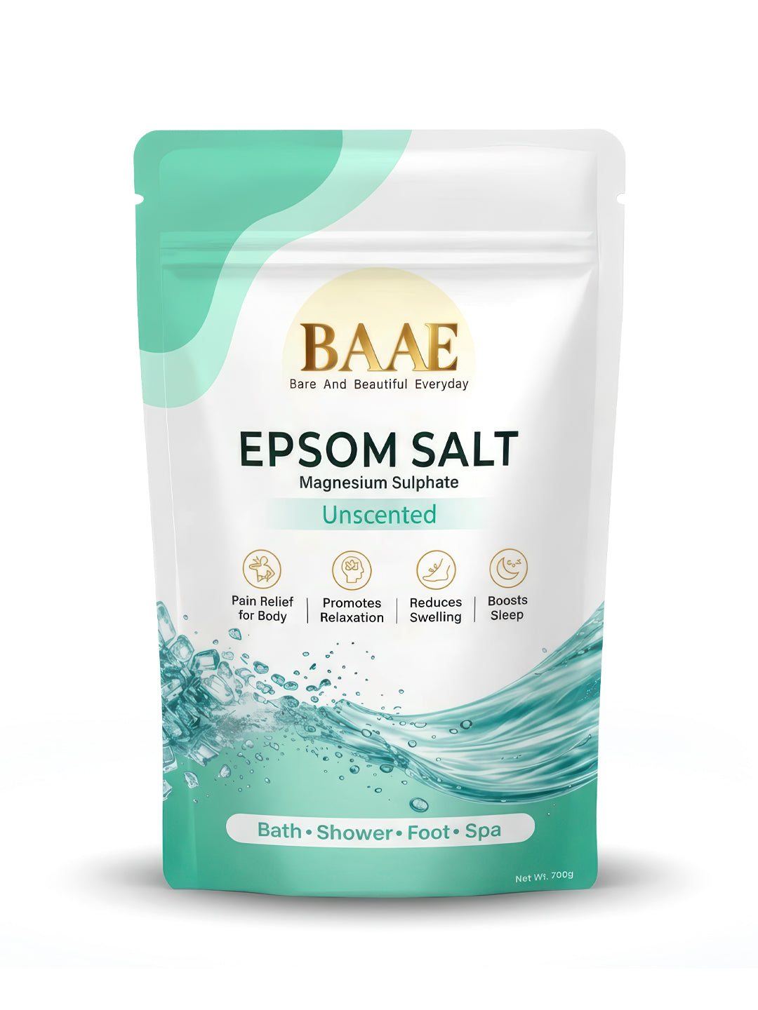 BAAE Wellness unscented epsom salt, 1 kg fragrance-free pure magnesium sulphate bath salt for bath and foot soak