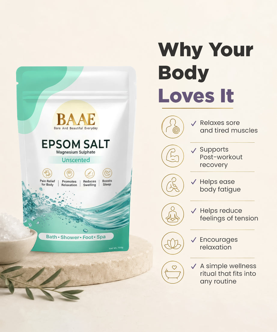 Unscented epsom salt bath to soothe sore muscles and ease stiffness after workouts
