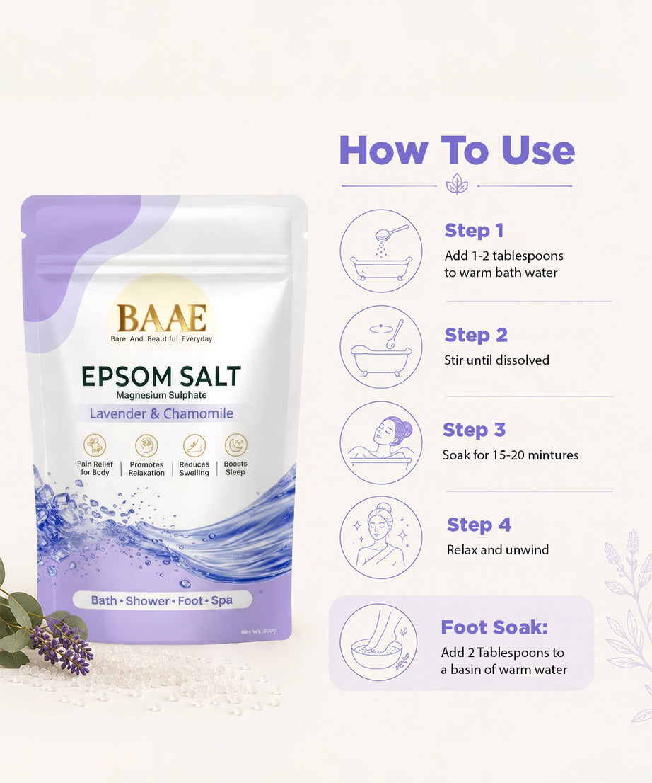 How to use epsom salt: add to warm bath water or a foot basin and soak for 15 to 20 minutes to unwind
