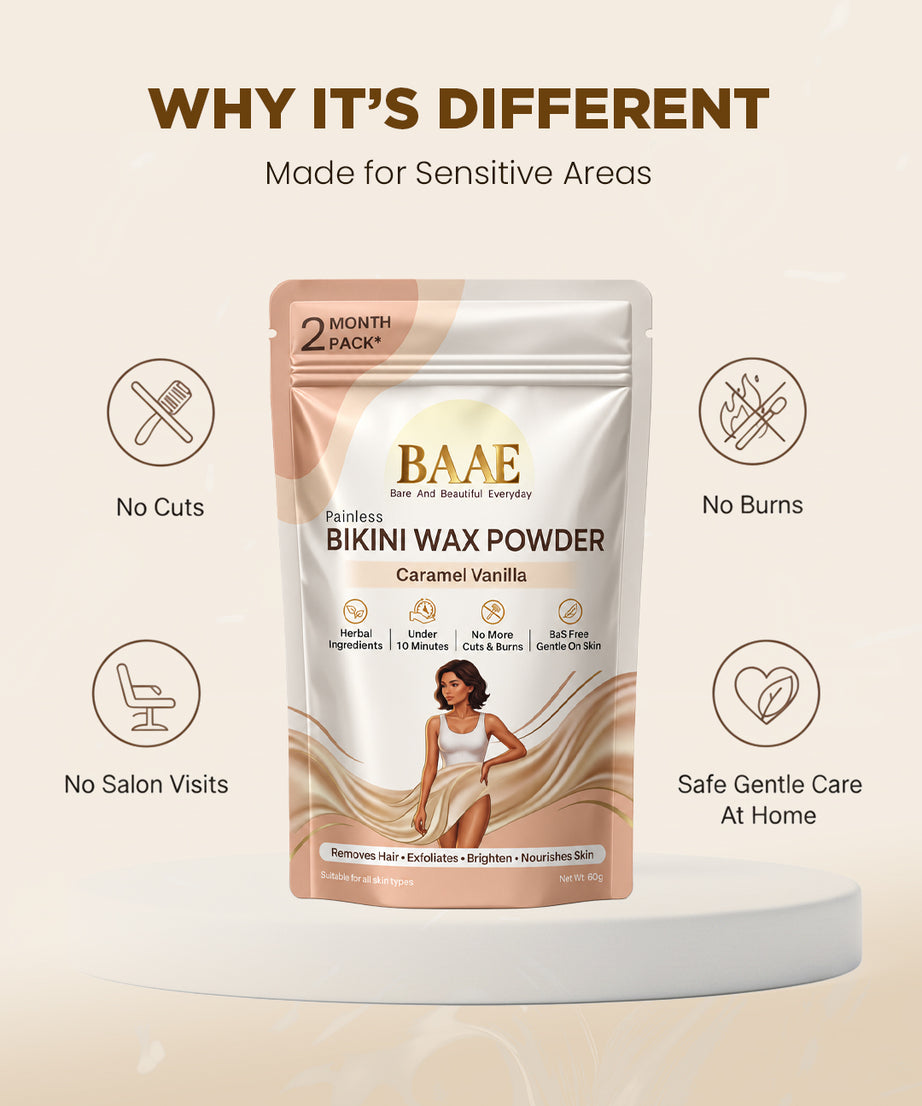 Gentle chemical-free bikini wax powder for sensitive areas, designed for no irritation