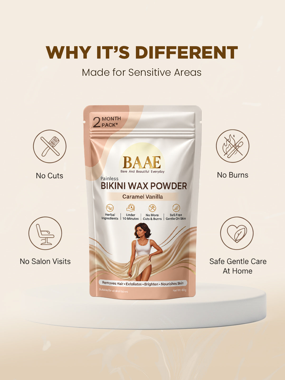 Gentle chemical-free bikini wax powder for sensitive areas, designed for no irritation