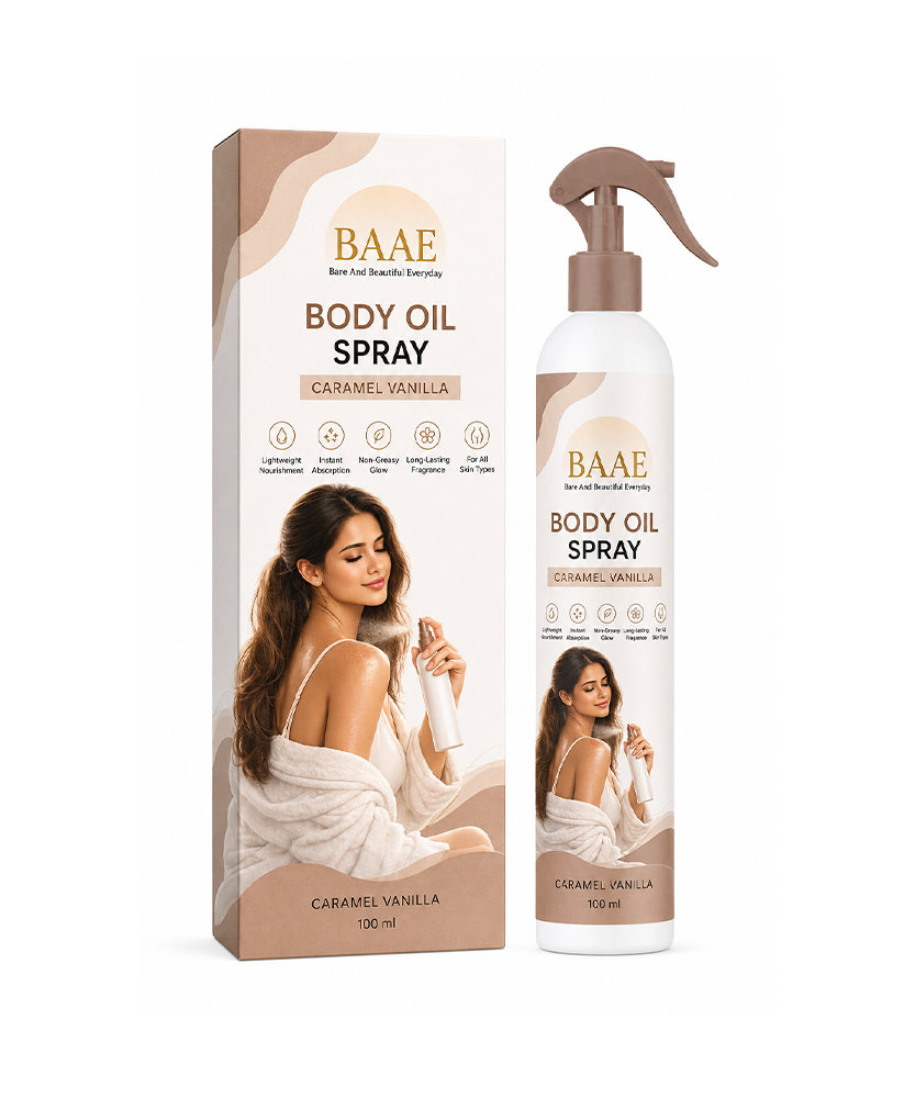 BAAE Caramel Vanilla Body Oil Spray | Lightweight Nourishing Oil in a Spray Format | Instant Absorption, Non-Greasy Glow, 100ml