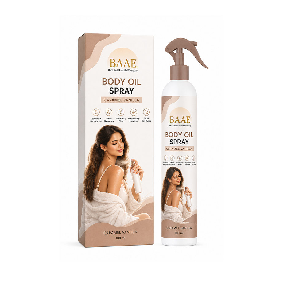 BAAE Caramel Vanilla Body Oil Spray | Lightweight Nourishing Oil in a Spray Format | Instant Absorption, Non-Greasy Glow, 100ml