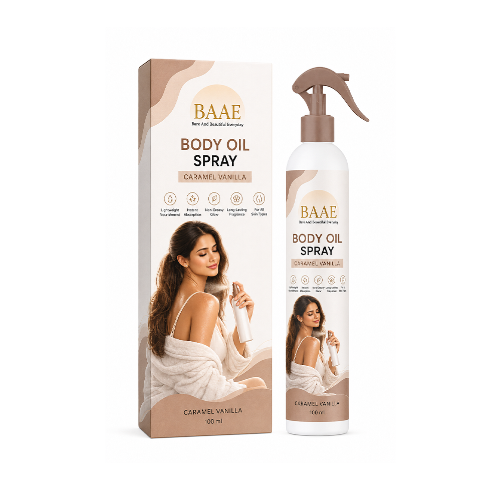 BAAE Caramel Vanilla Body Oil Spray | Lightweight Nourishing Oil in a Spray Format | Instant Absorption, Non-Greasy Glow, 100ml
