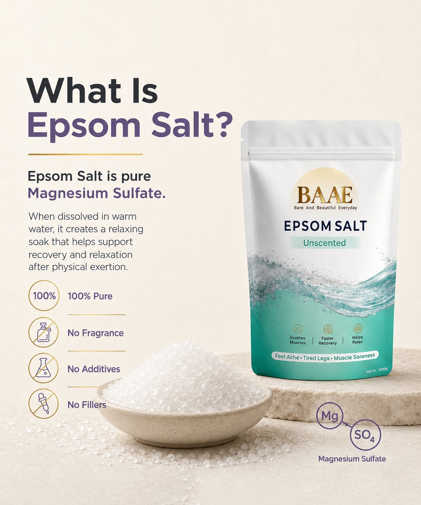 BAAE Pure Epsom Salt - 100% Magnesium Sulfate | Muscle Soak & Relaxation Bath Salt | 1kg