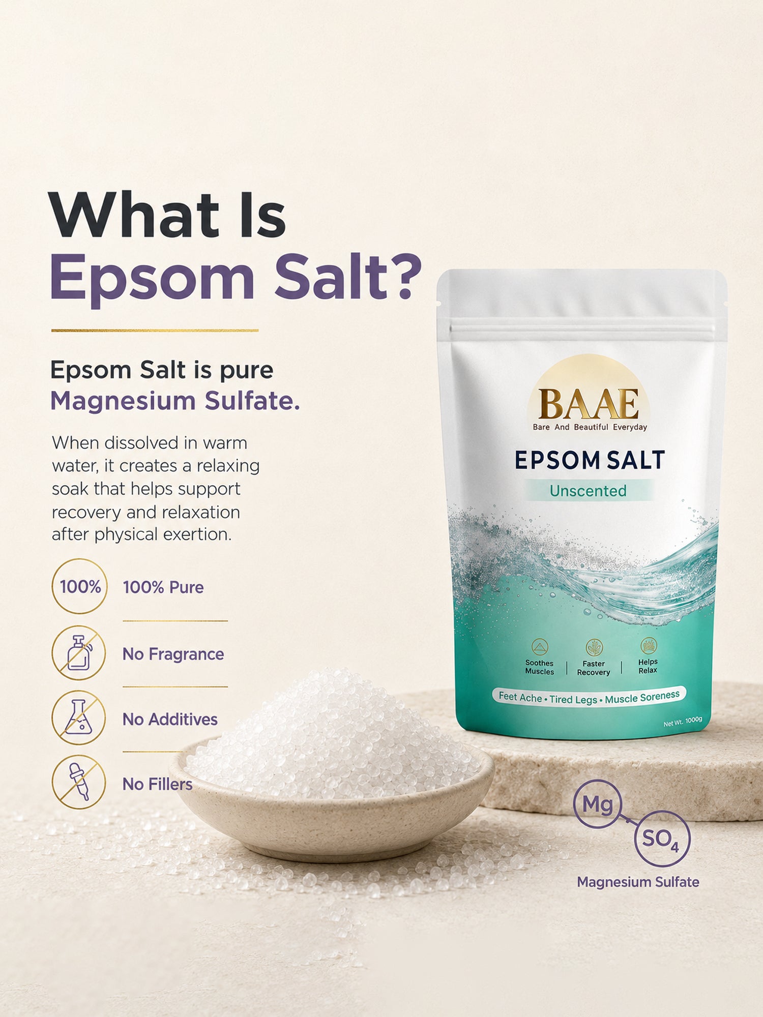 BAAE Pure Epsom Salt - 100% Magnesium Sulfate | Muscle Soak & Relaxation Bath Salt | 1kg