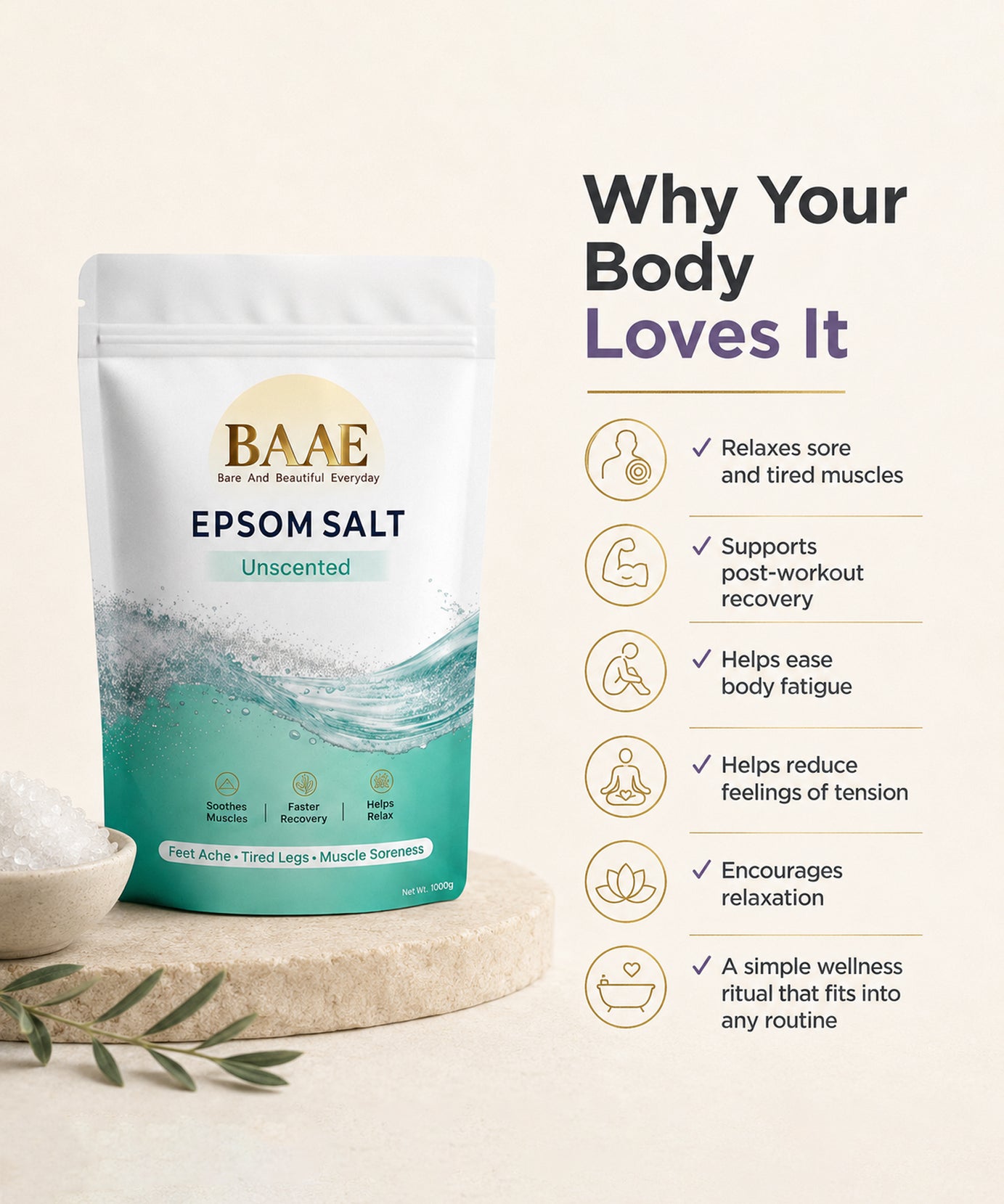 BAAE Pure Epsom Salt - 100% Magnesium Sulfate | Muscle Soak & Relaxation Bath Salt | 1kg